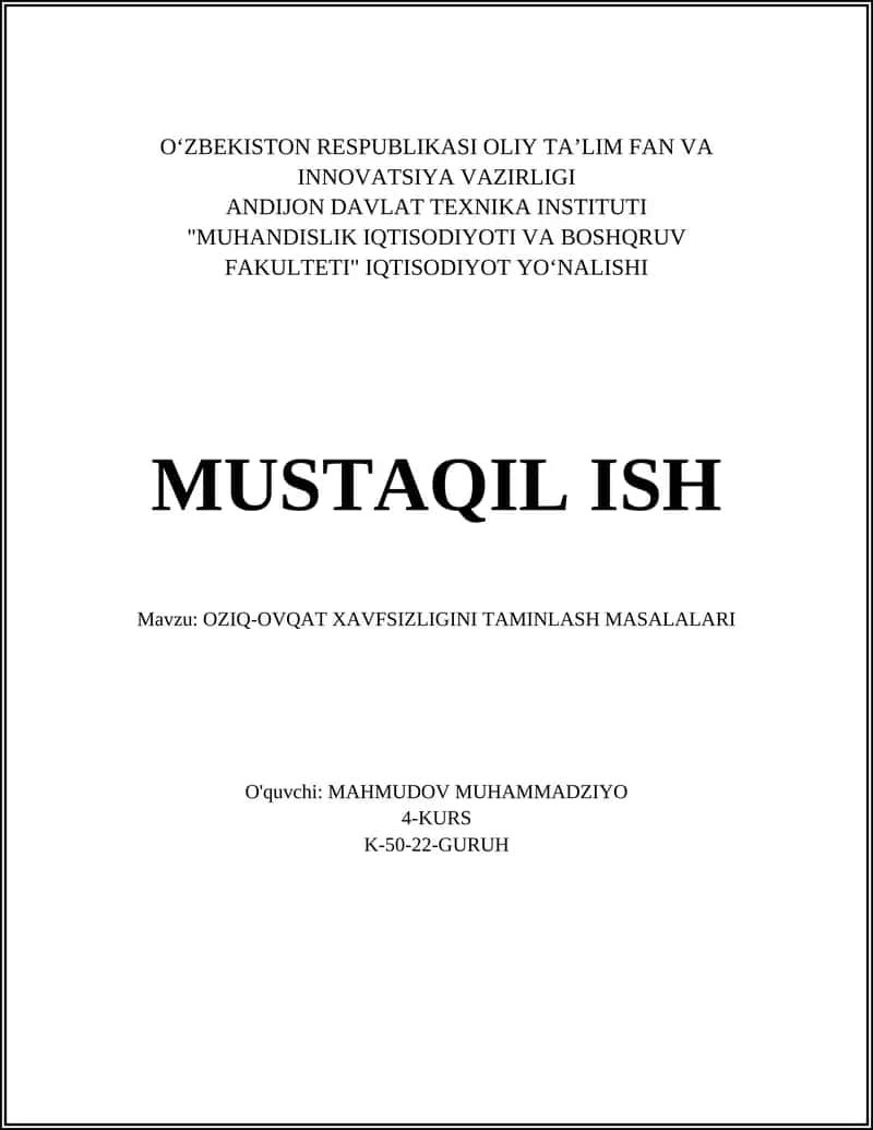 OZIQ-OVQAT XAVFSIZLIGINI TAMINLASH MASALALARI 1