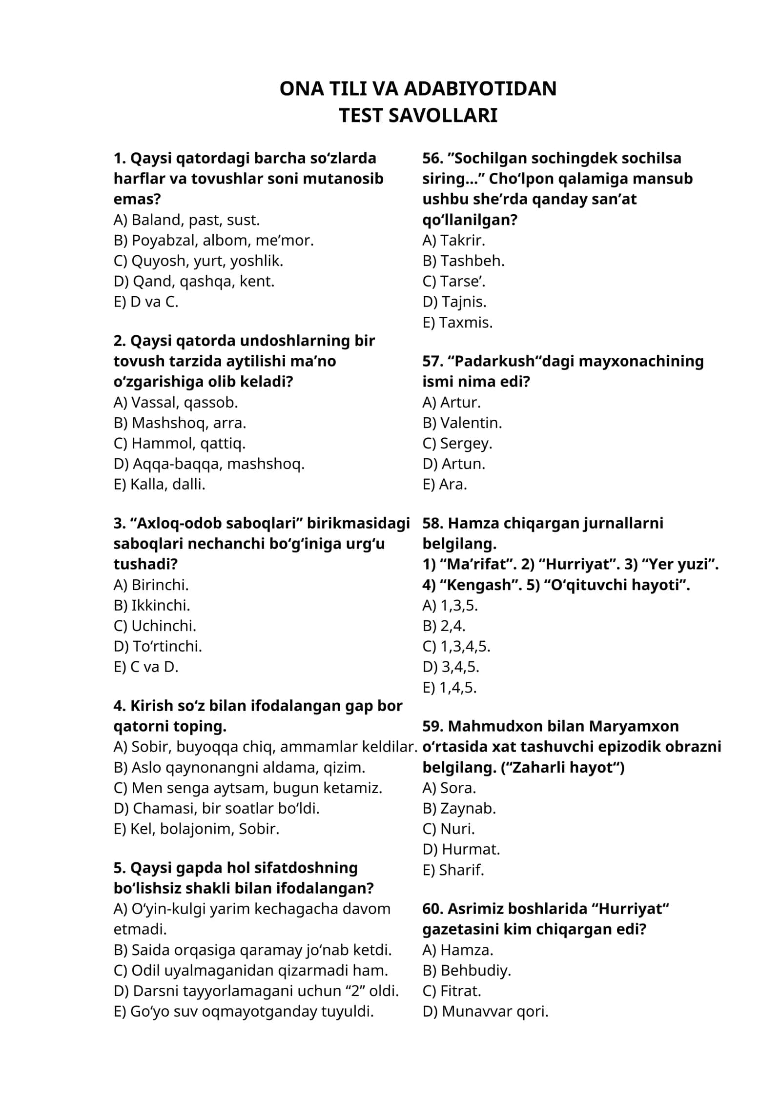 ONA TILI VA ADABIYOTIDAN TEST SAVOLLARI 1