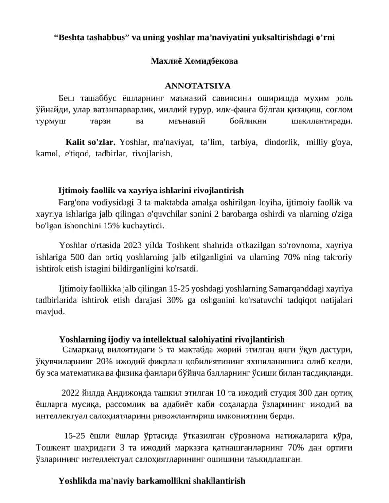 "Beshta tashabbus" va uning yoshlar ma’naviyatini yuksaltirishdagi o’rni 1