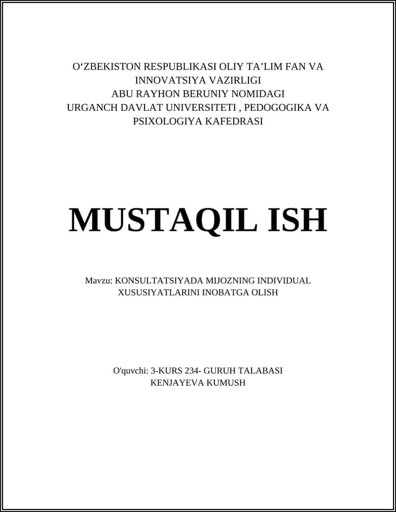 KONSULTATSIYADA MIJOZNING INDIVIDUAL XUSUSIYATLARINI INOBATGA OLISH 1