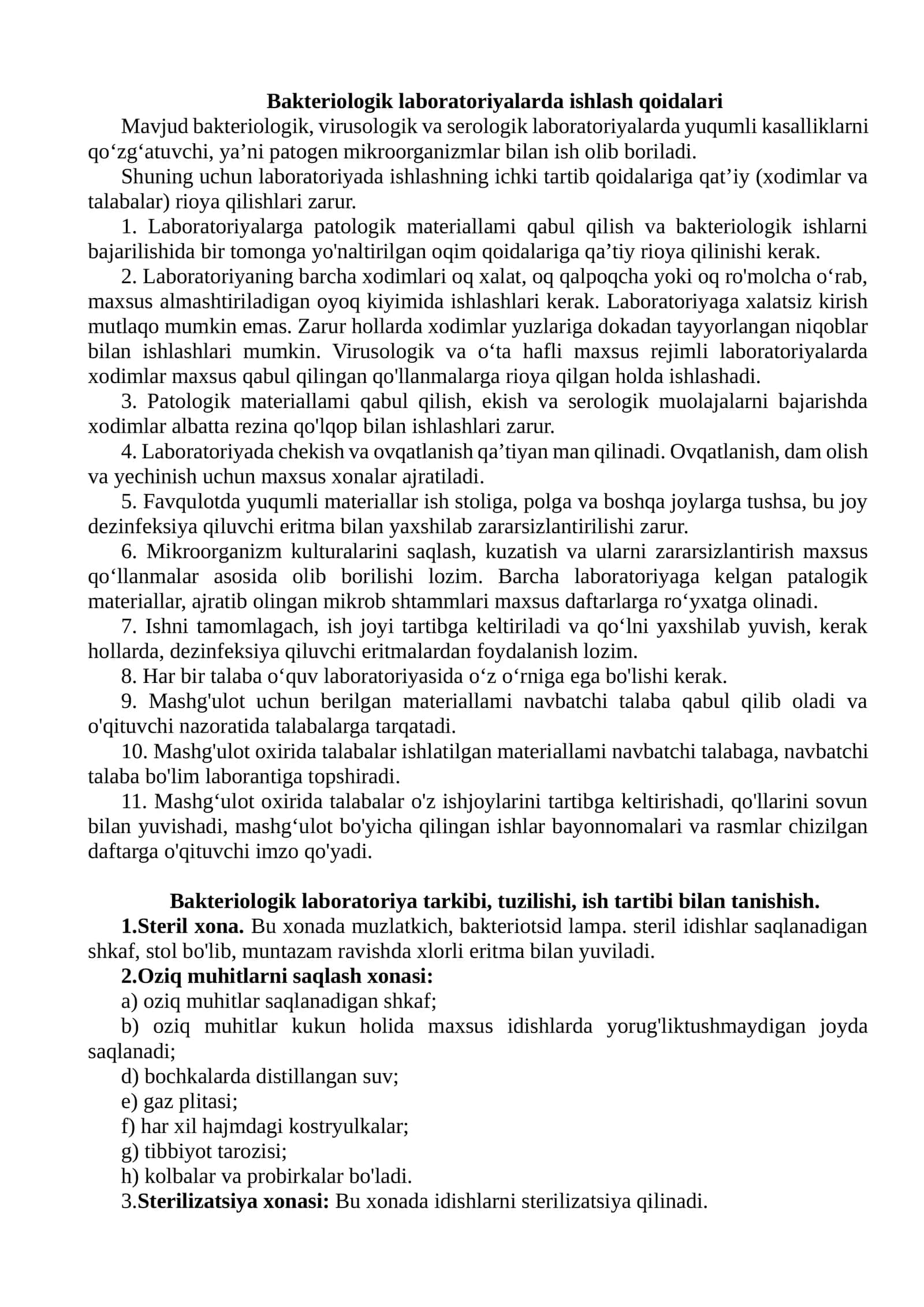 Bakteriologik laboratoriyalarda ishlash qoidalari 1