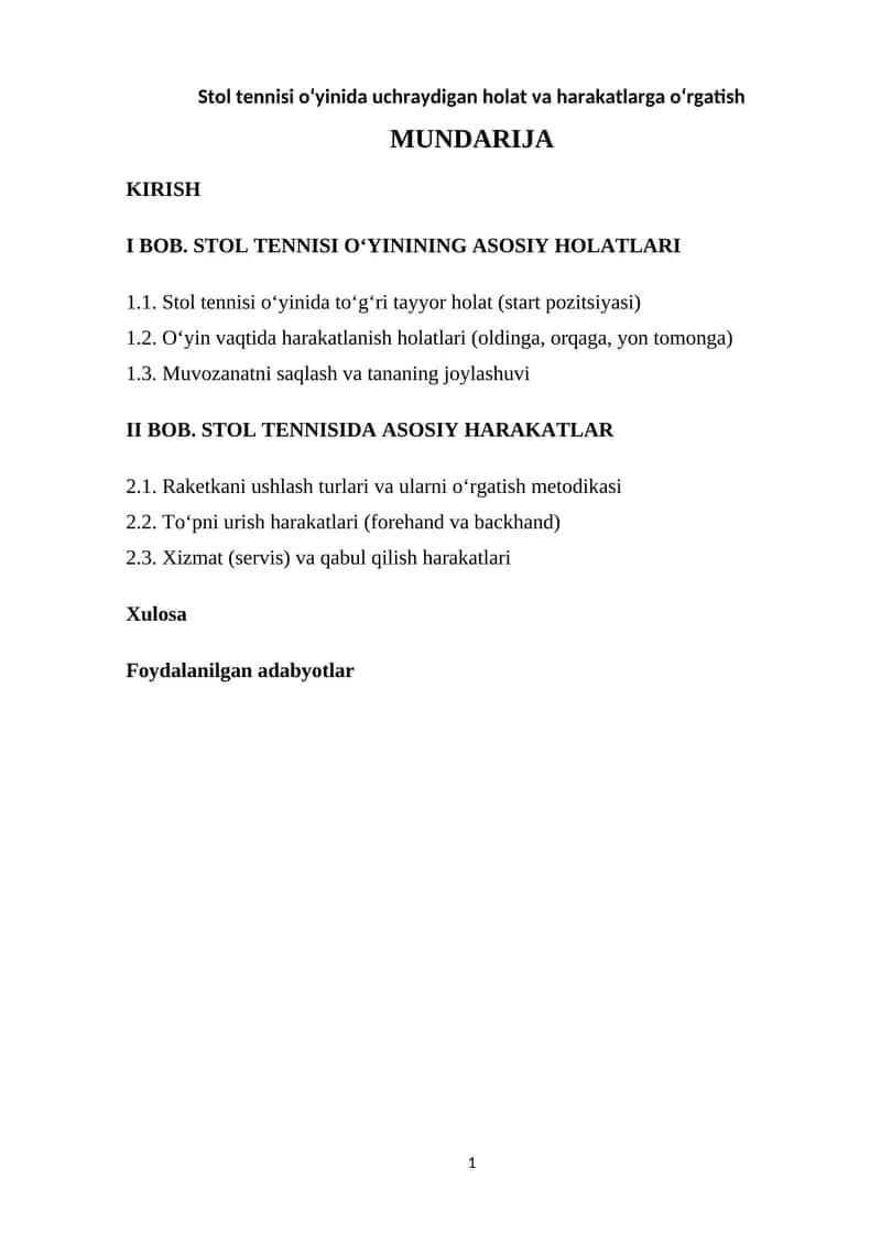 Stol tennisi o‘yinida uchraydigan holat va harakatlarga o‘rgatish 1