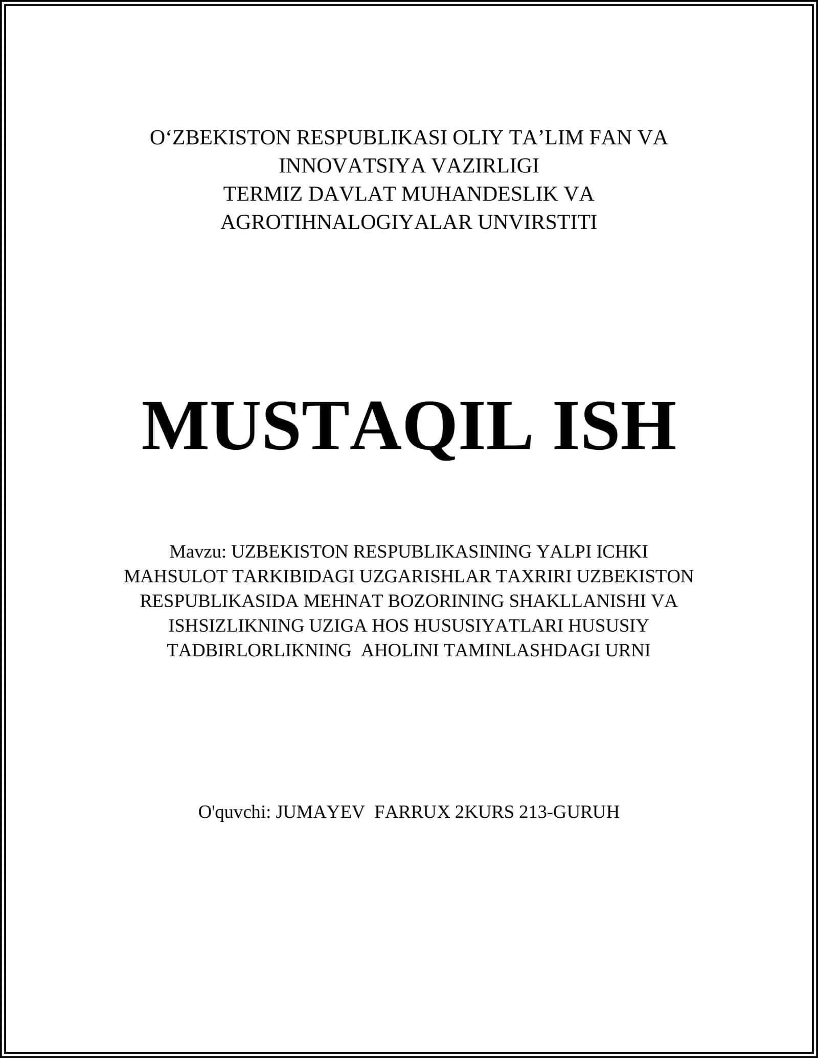 O‘zbekiston Respublikasi yalpi ichki mahsulot tarkibidagi o‘zgarishlar 1