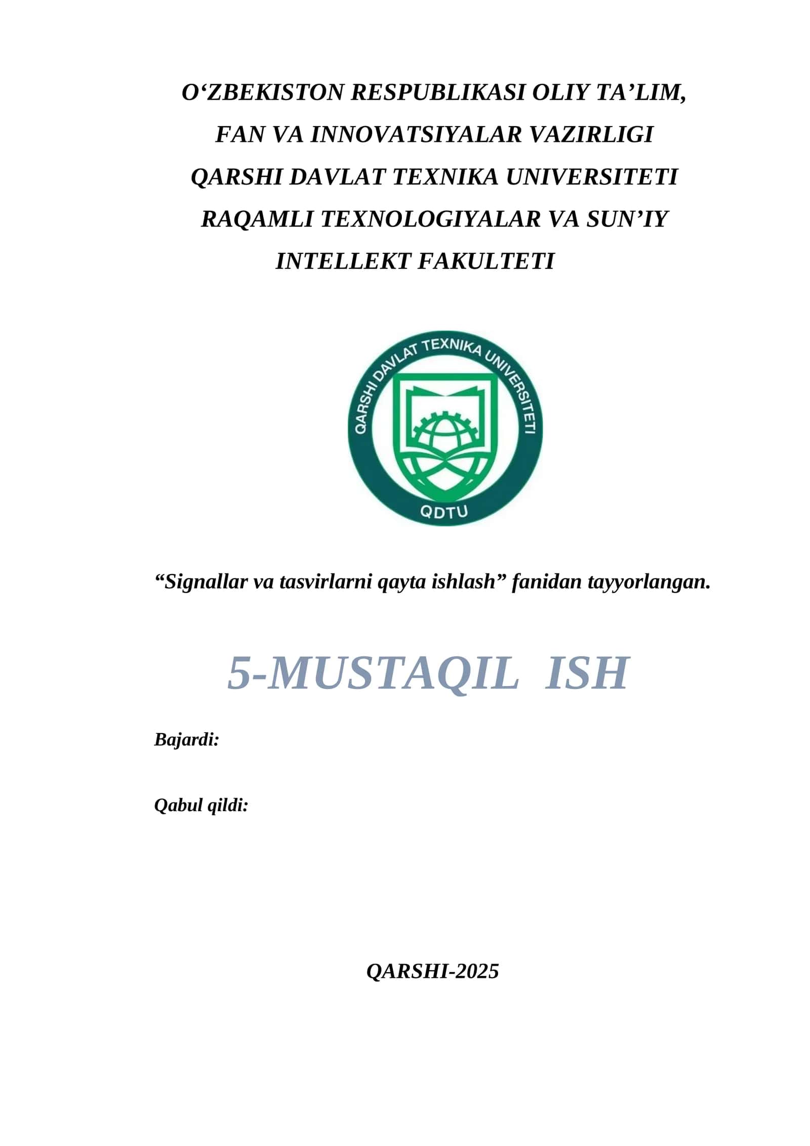 Bir va ikki o’lchovchi signallarga raqamli ishlov berishda sun’iy intellekt algoritmlarini qo’llash. 1