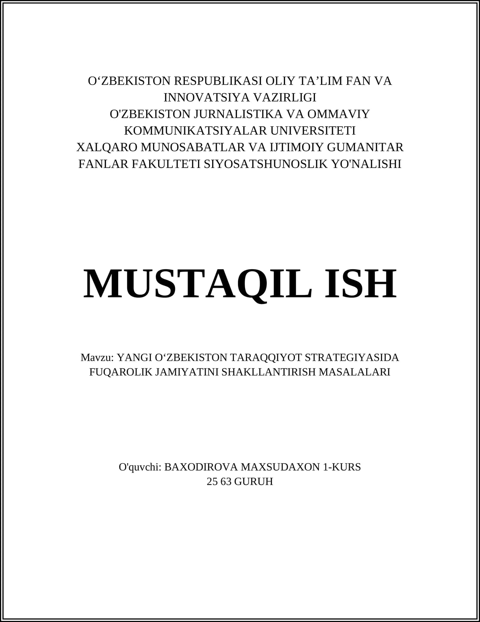 YANGI O‘ZBEKISTON TARAQQIYOT STRATEGIYASIDA FUQAROLIK JAMIYATINI SHAKLLANTIRISH MASALALARI 1