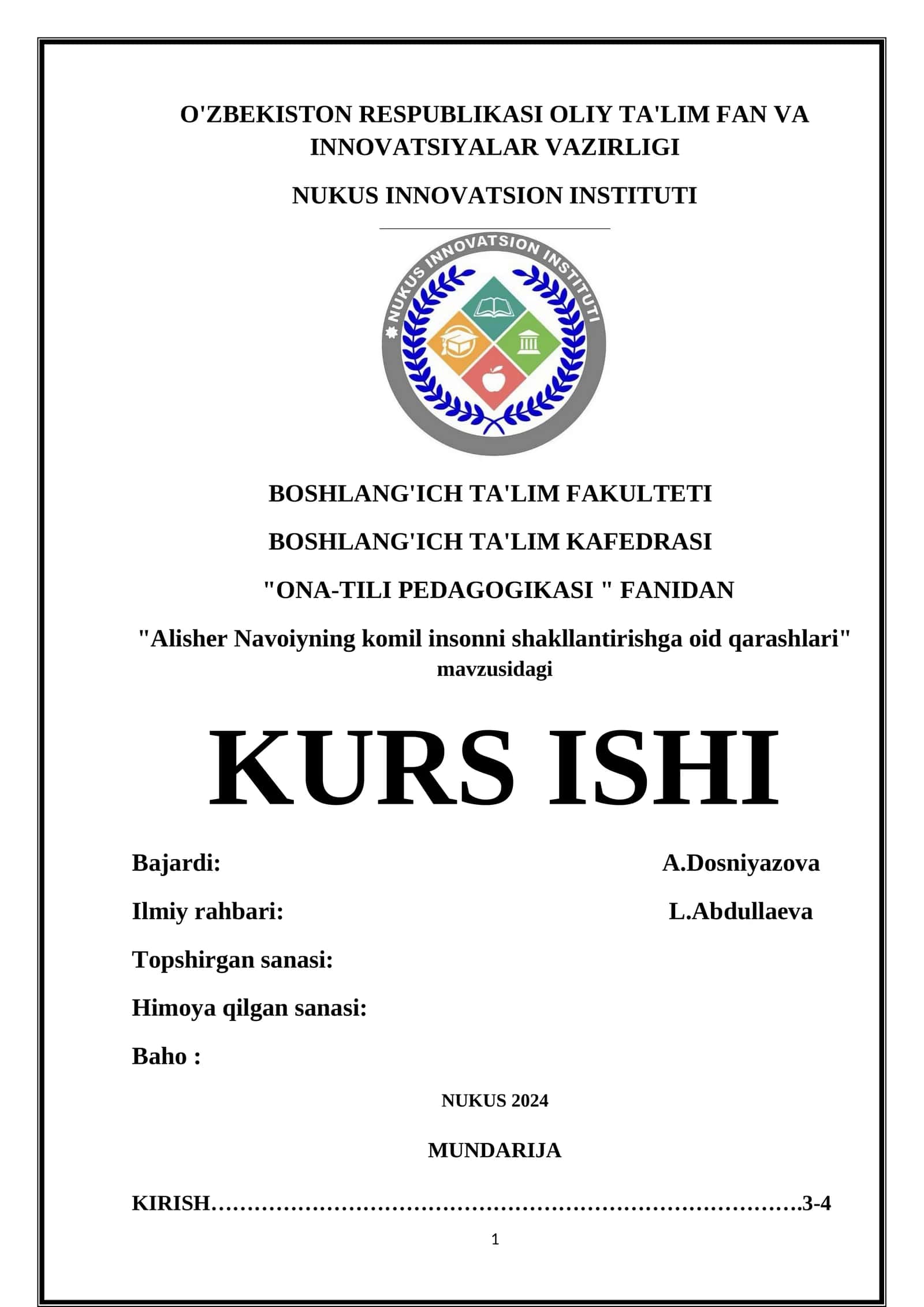 "Alisher Navoiyning komil insonni shakllantirishga oid qarashlari" kursi 1