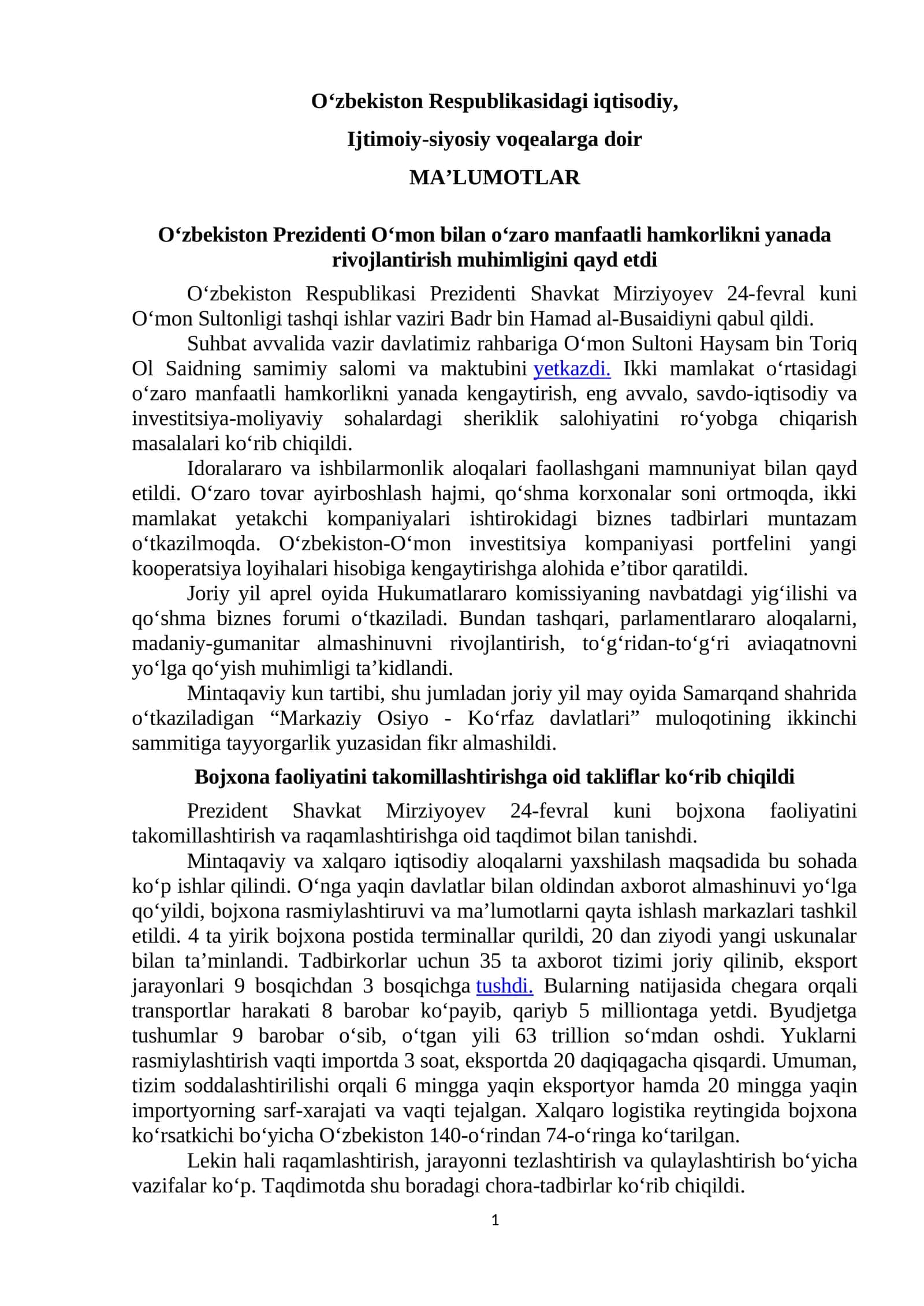 O‘zbekiston Respublikasi Prezidenti Shavkat Mirziyoyev maktubi 1