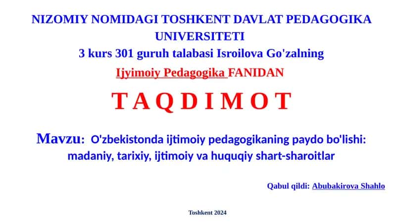 O'zbekistonda ijtimoiy pedagogikaning paydobo'lishi: madaniy, tarixiy, ijtimoiy va huquqiy shart-sharoitlar 1