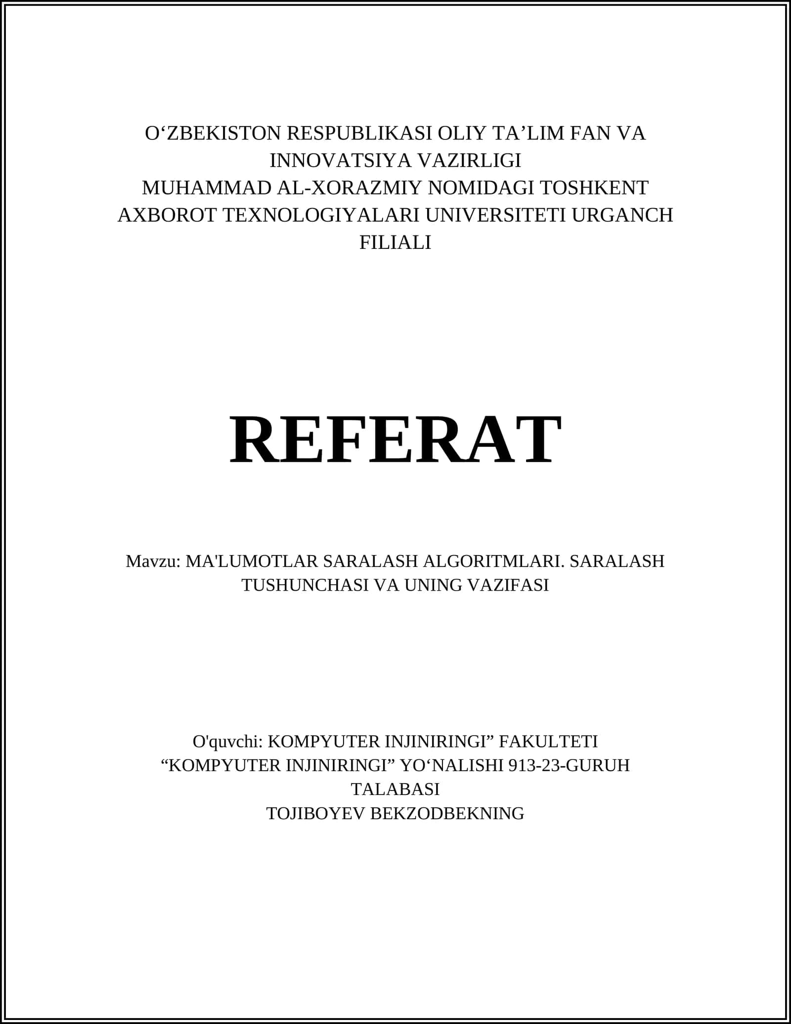 MA'LUMOTLAR SARALASH ALGORITMLARI. SARALASH TUSHUNCHASI VA UNING VAZIFASI 1