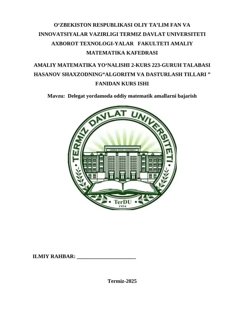 "Delegat yordamoda oddiy matematik amallarni bajarish" 1