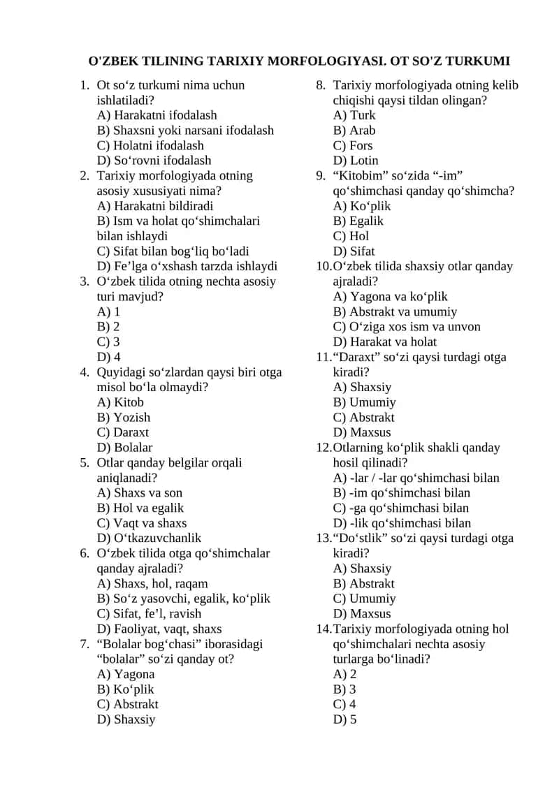 O'ZBEK TILINING TARIXIY MORFOLOGIYASI. OT SO'Z TURKUMI 1