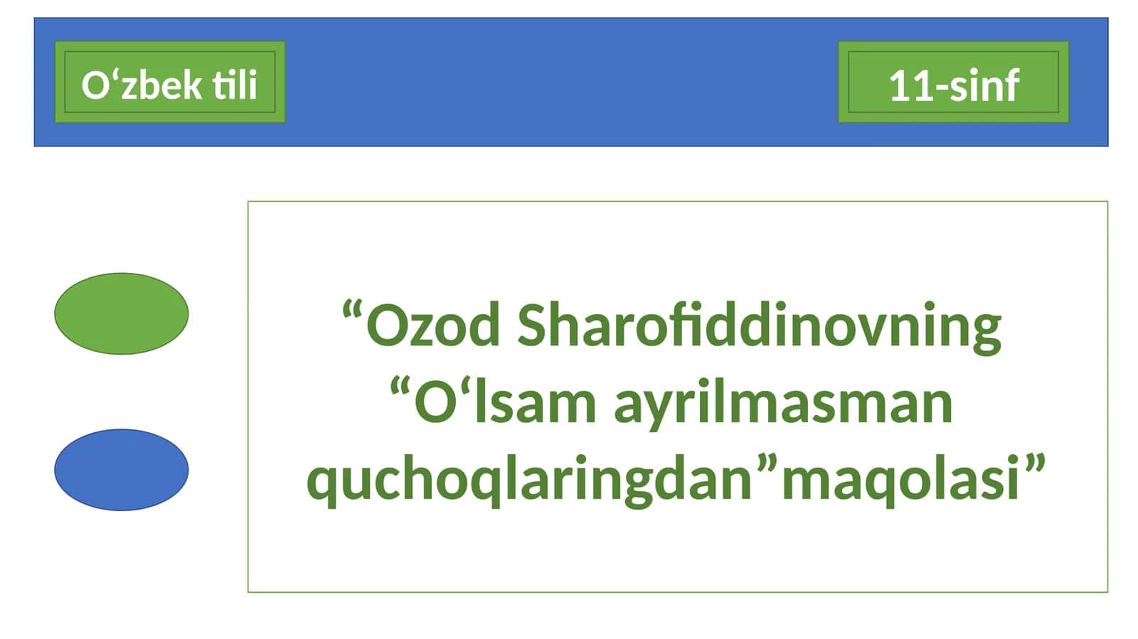 11-sinf O'zbek tili dars ishlanma. Ozod Sharofiddinovning O'lsam ayrilmasman quchoqlaringdan maqolasi 1