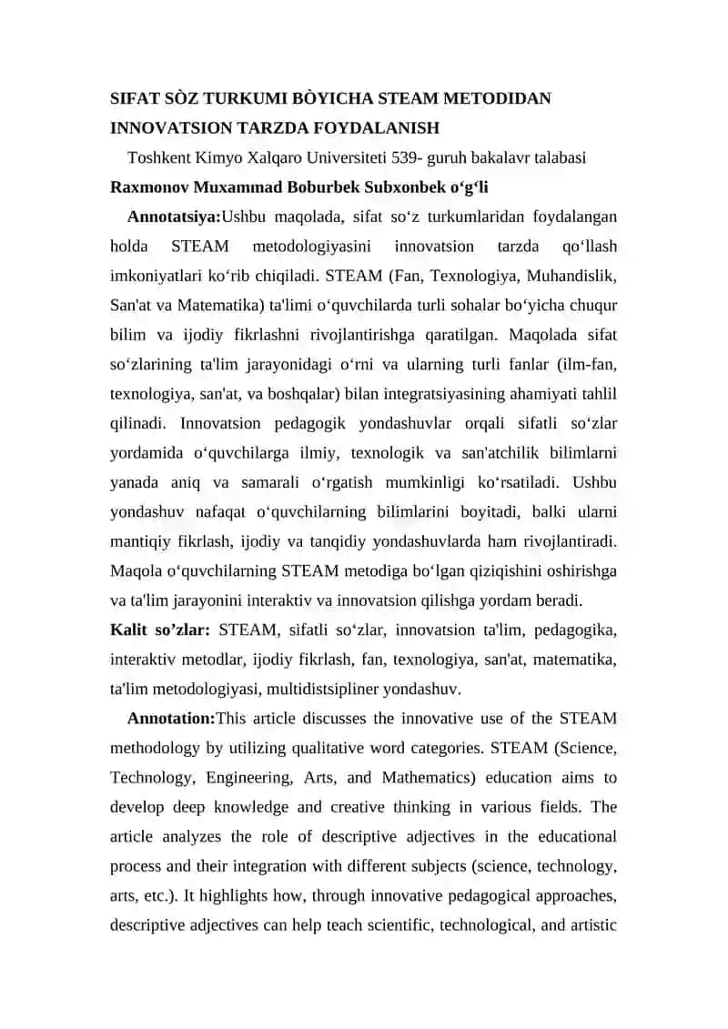Sifat SÒz Turkumi BÒyicha STEAM Metodidan Innovatsion Tarzda Foydalanish