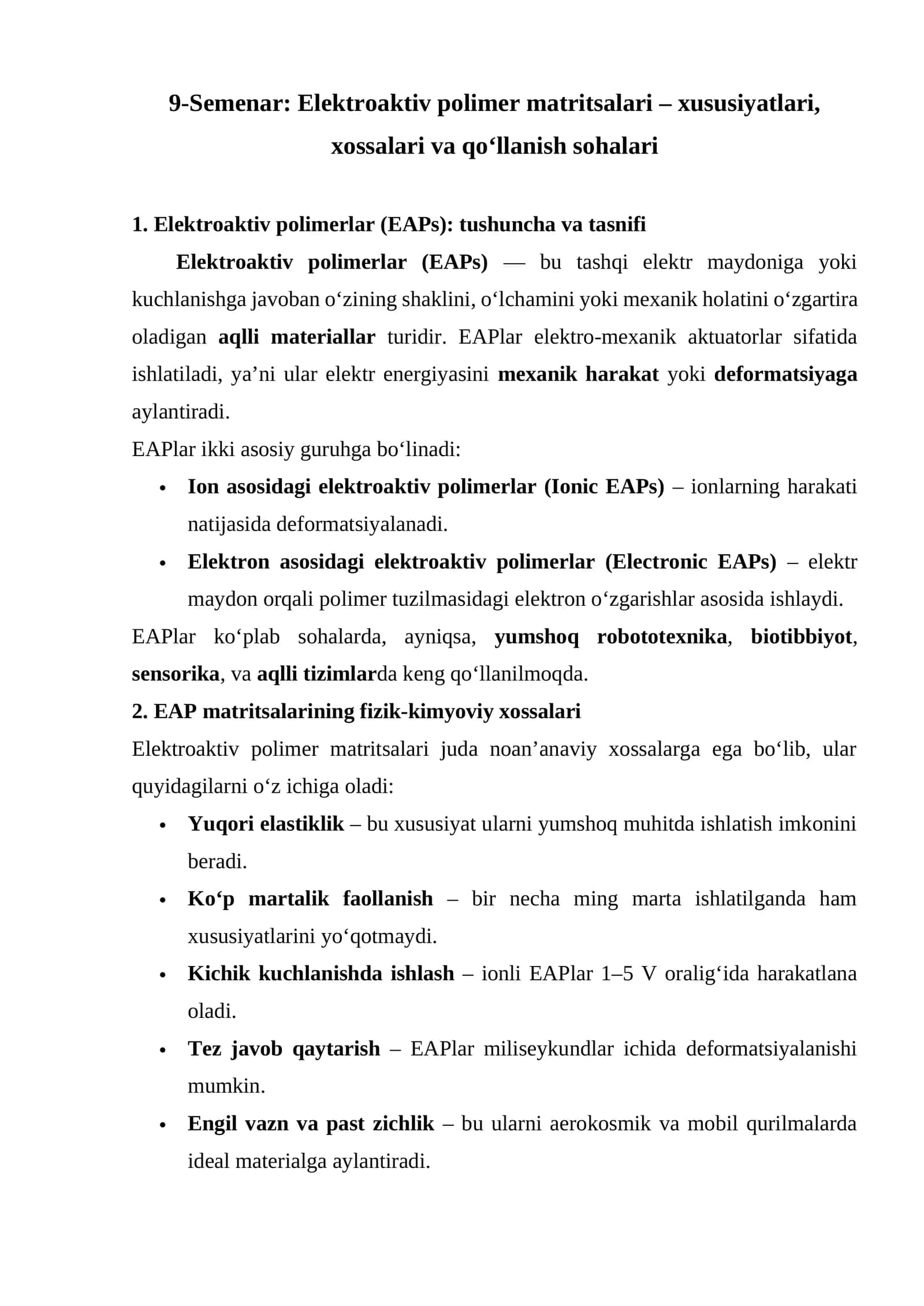 Elektroaktiv polimer matritsalari – xususiyatlari, xossalari va qo‘llanish sohalari 1