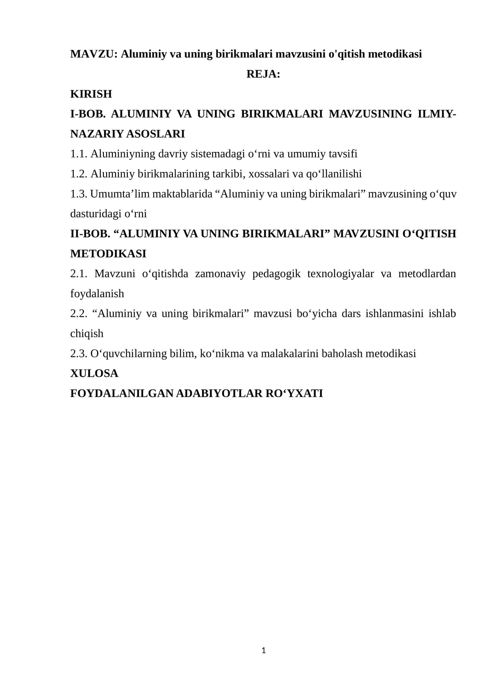 Aluminiy va uning birikmalari mavzusini o'qitish metodikasi 1