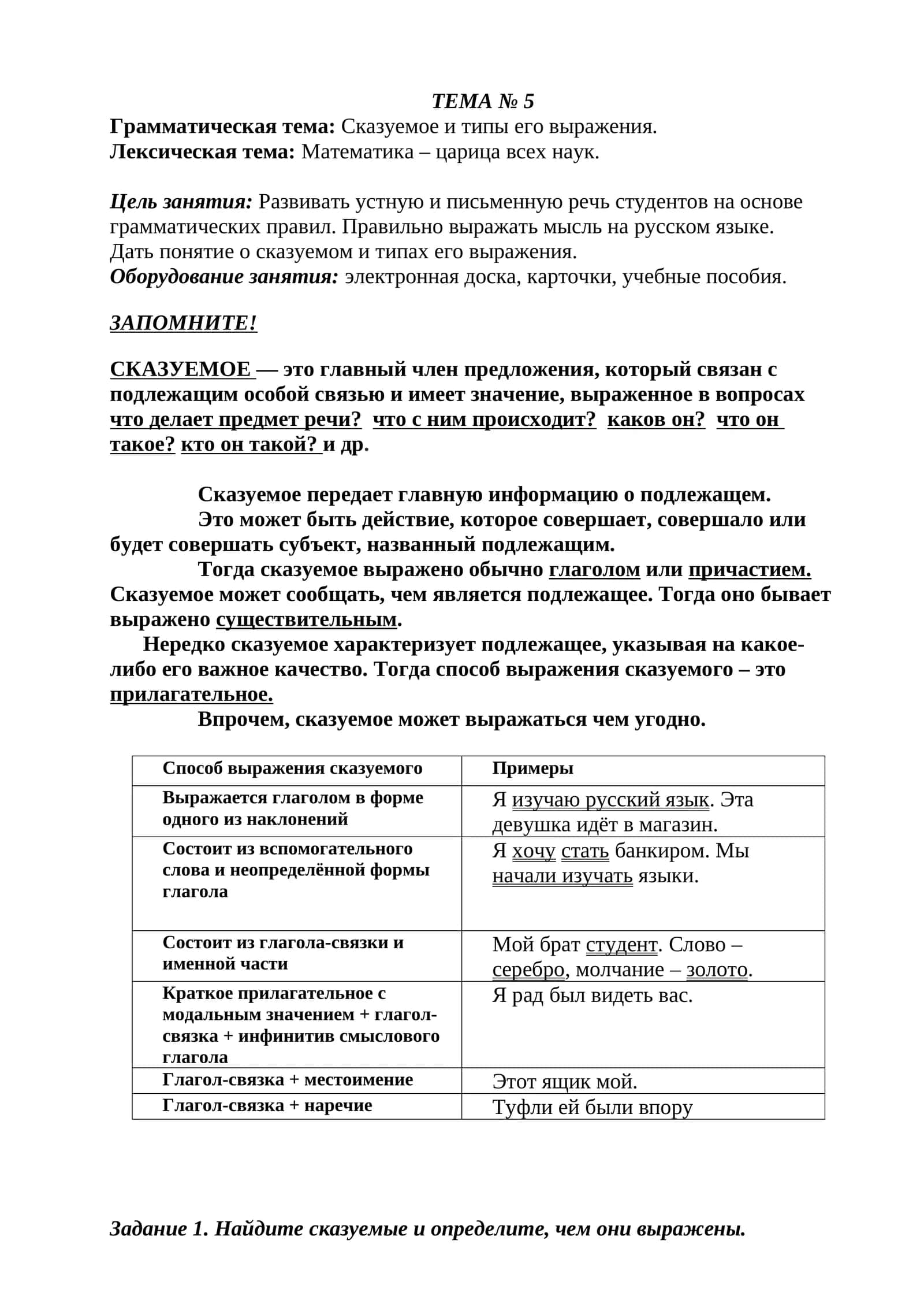 Сказуемое и типы его выражения. Математика – царица всех наук 1