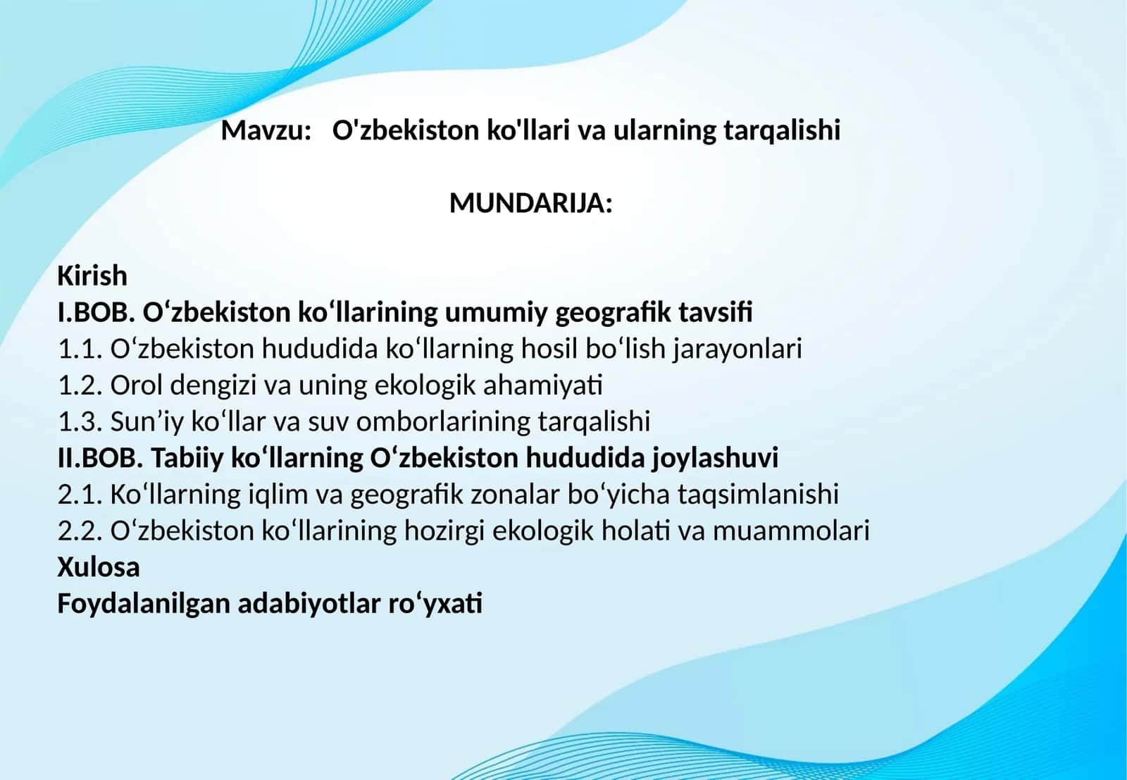 O'zbekiston ko'llari va ularning tarqalishi 1