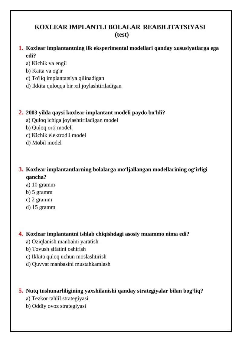 Koxlear implantli bolalar reabilitatsiyasi (TEST) 1