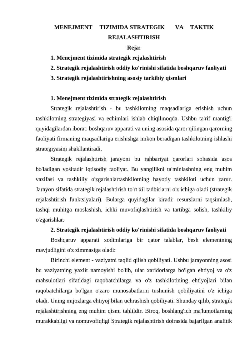 MENEJMENT TIZIMIDA STRATEGIK VA TAKTIK REJALASHTIRISH 1