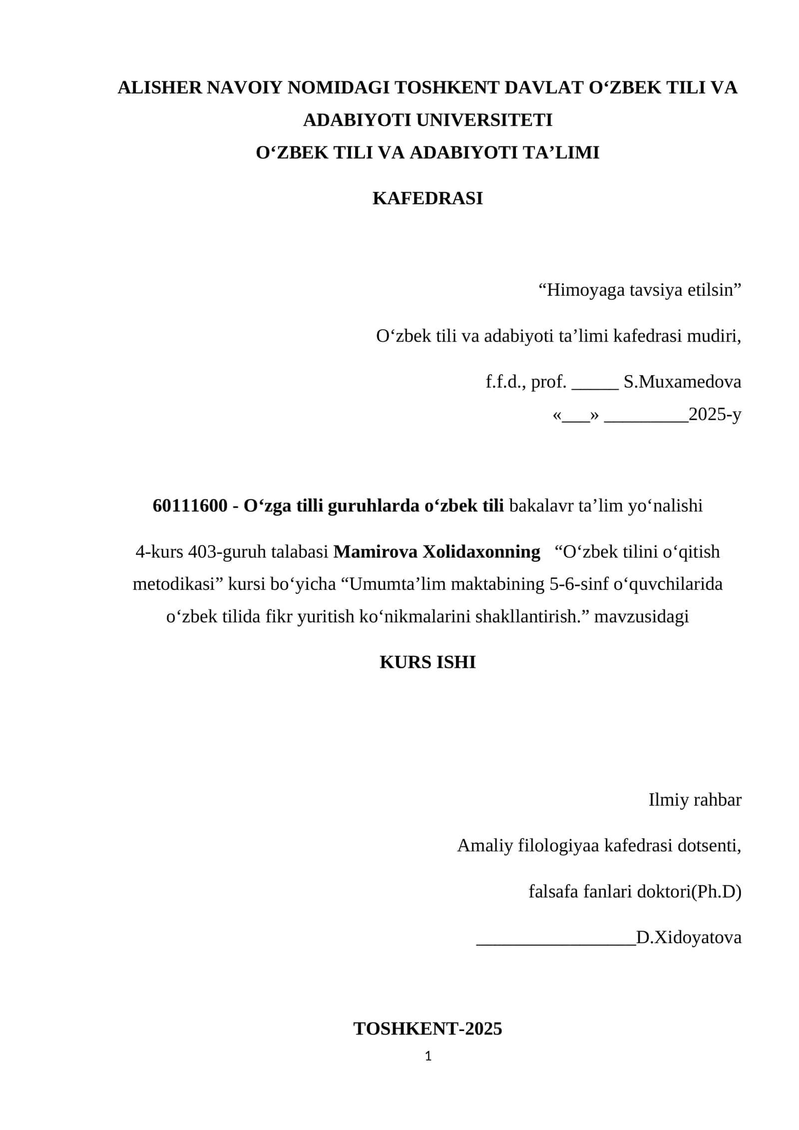 Mamirova Xolidaxon - "O‘zbek tilini o‘qitish metodikasi" kursi 1