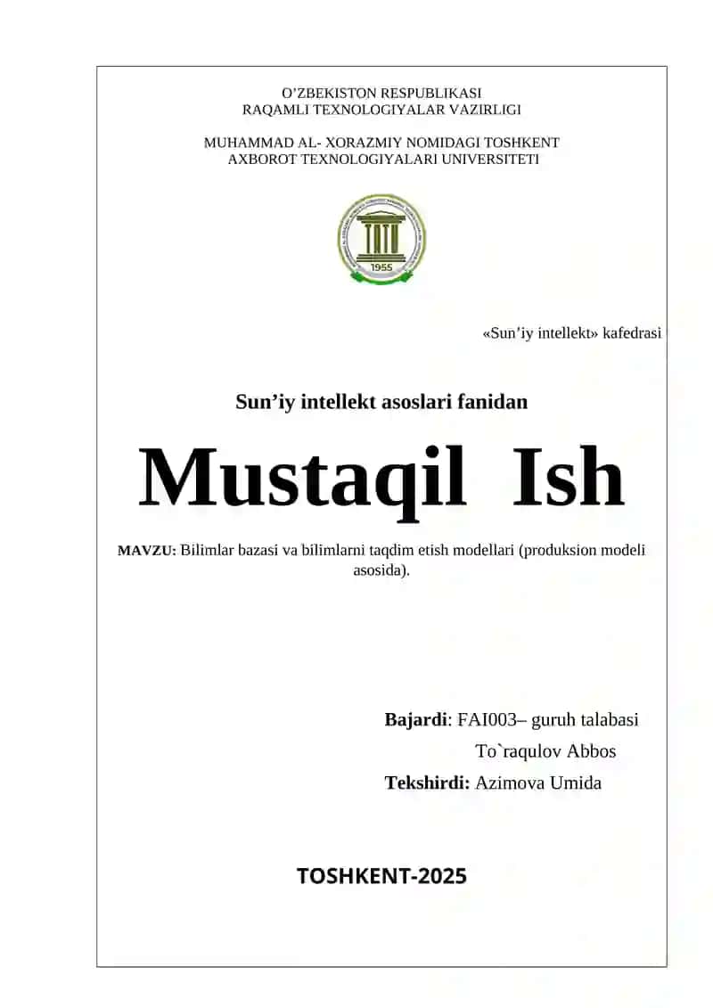 Bilimlar bazasi va bilimlarni taqdim etish modellari (produksion modeli asosida)