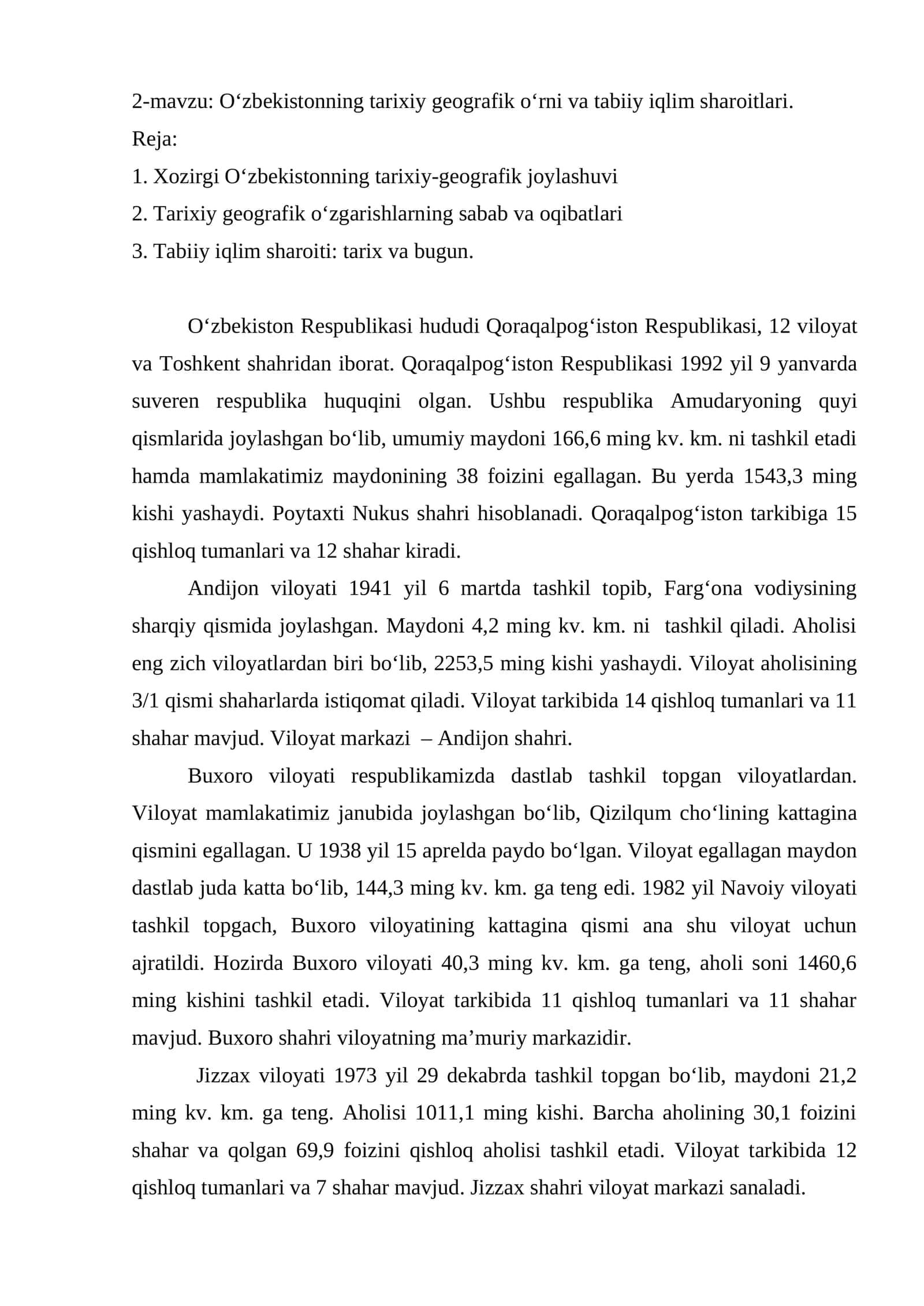 O‘zbekistonning tarixiy geografik o‘rni va tabiiy iqlim sharoitlari 1