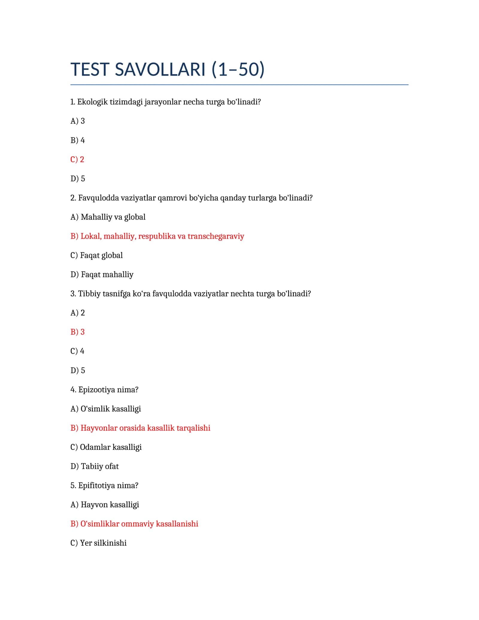 Ekologiya TEST SAVOLLARI (1–50) 1