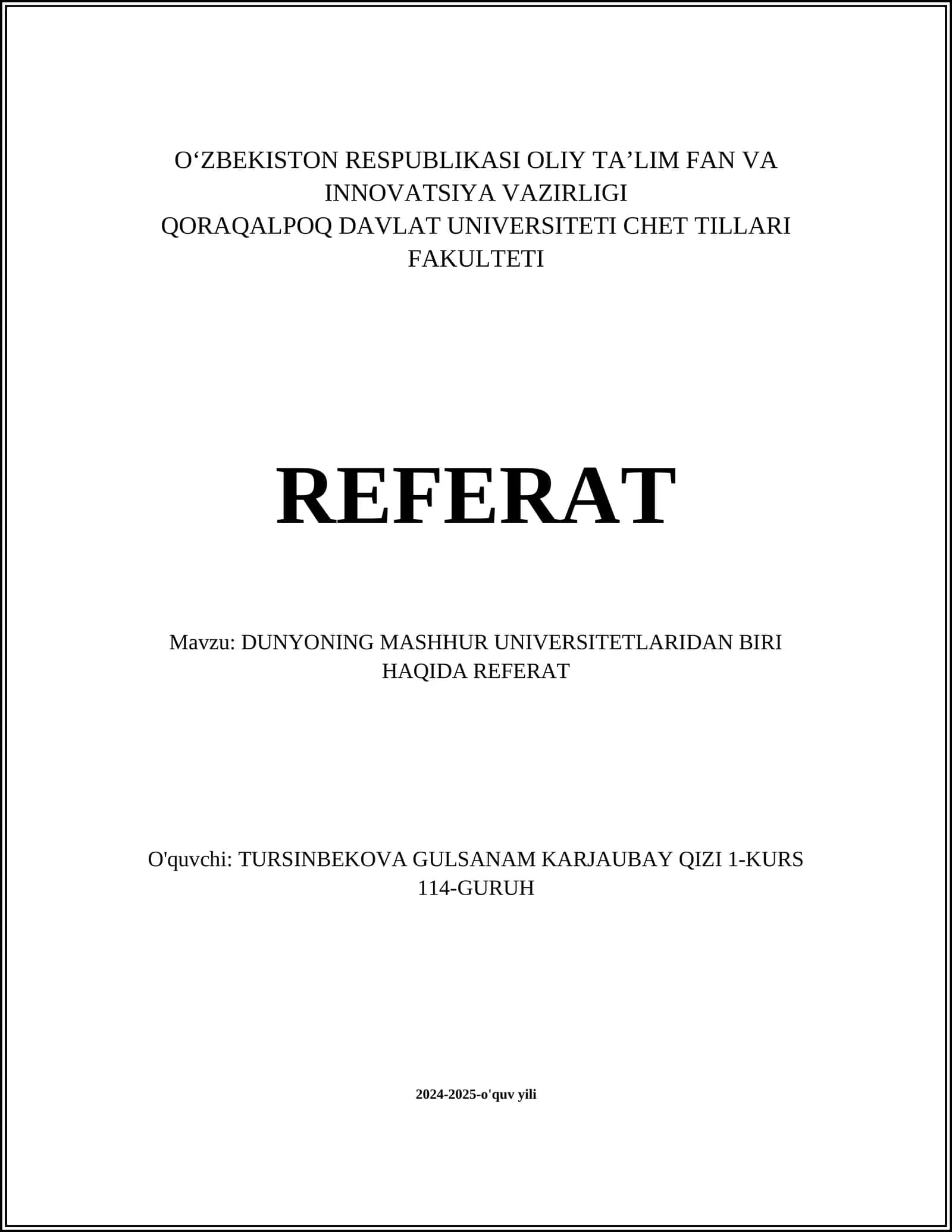 DUNYONING MASHHUR UNIVERSITETLARIDAN BIRI HAQIDA REFERAT 1