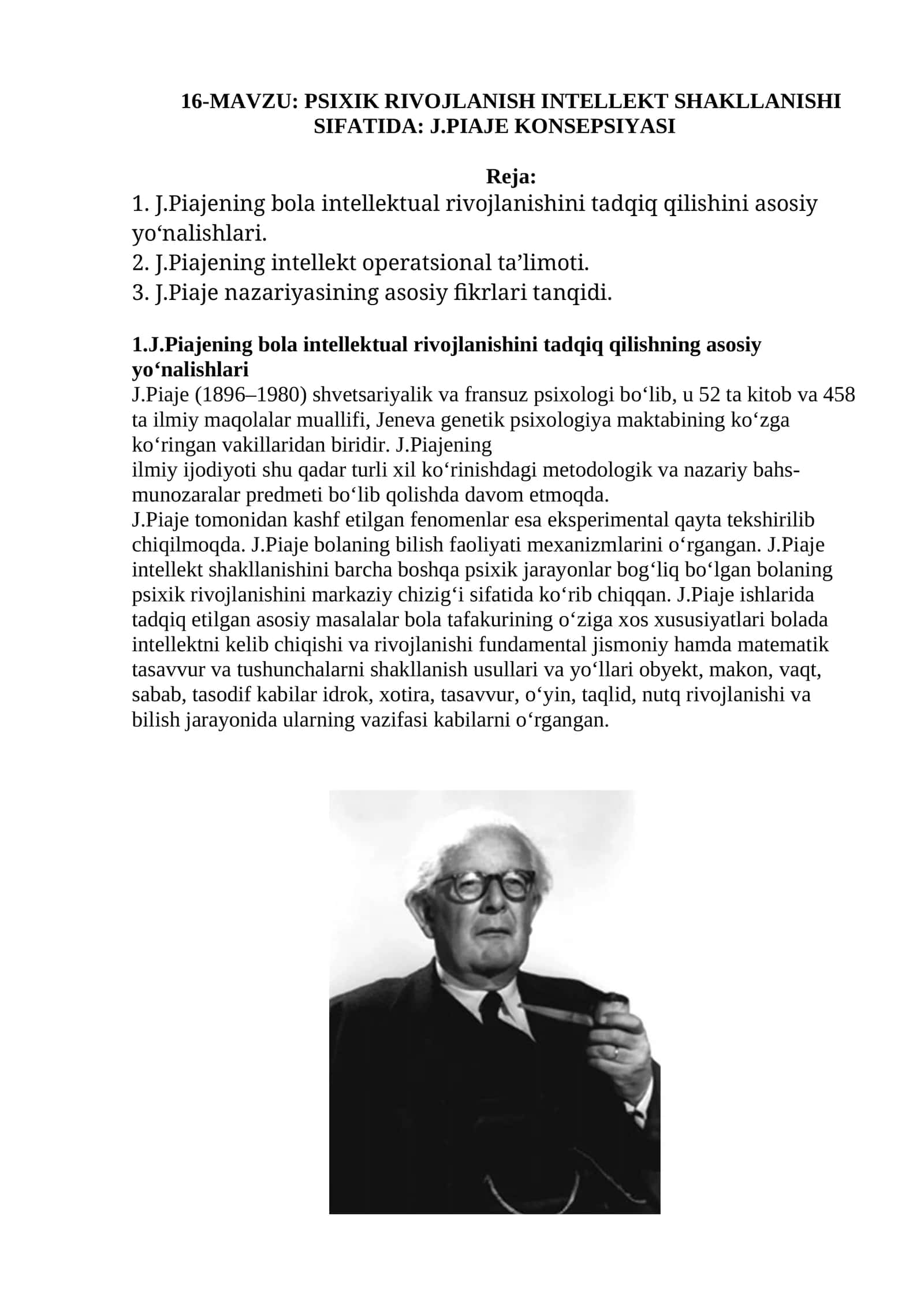 PSIXIK RIVOJLANISH INTELLEKT SHAKLLANISHI SIFATIDA: J.PIAJE KONSEPSIYASI 1