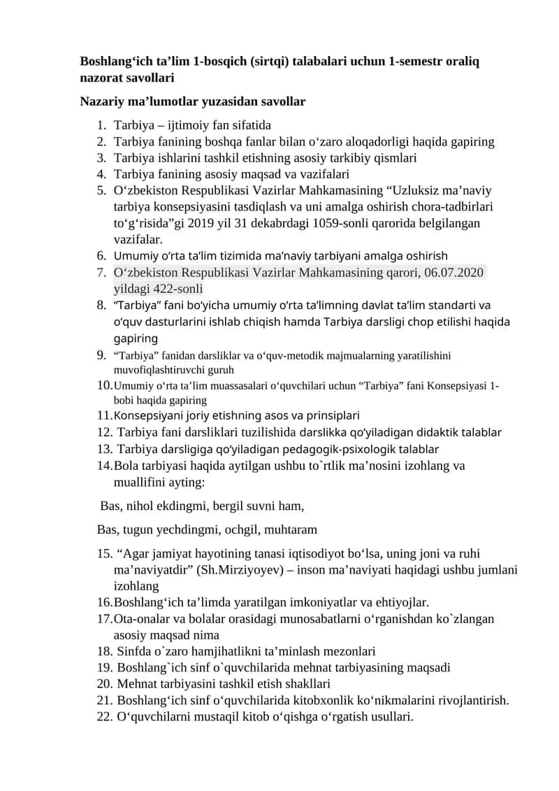 Boshlang‘ich ta’lim 1-bosqich (sirtqi) talabalari uchun 1-semestr oraliq nazorat savollari 1