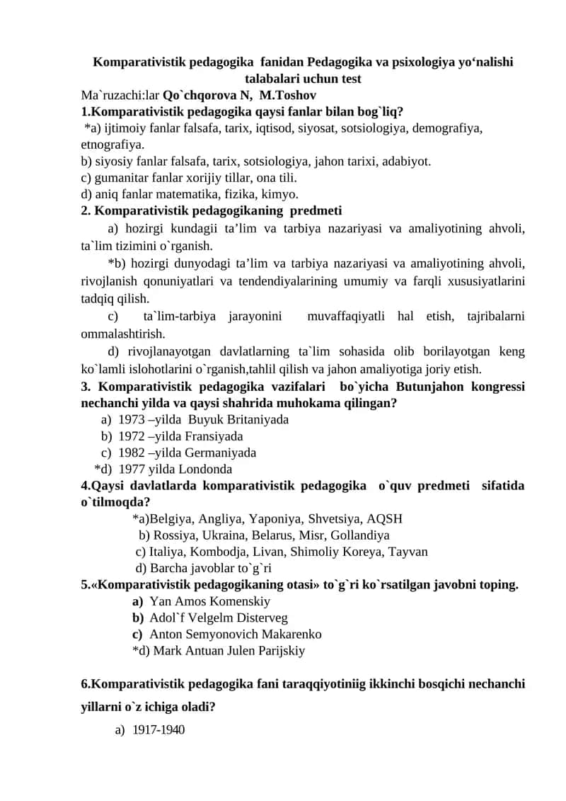 Komparativistik pеdаgogikа fanidan Pedagogika va psixologiya yo‘nalishi talabalari uchun test 1