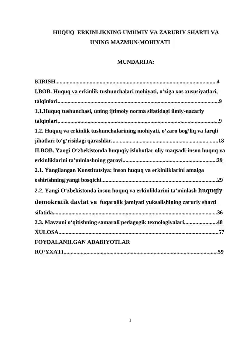 HUQUQ  ERKINLIKNING UMUMIY VA ZARURIY SHARTI VA UNING MAZMUN-MOHIYATI