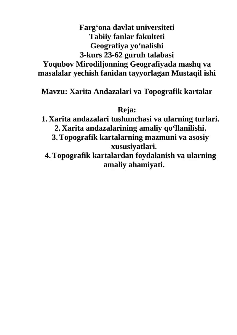 Geografiyada mashq va masalalar yechish fanidan  Mustaqil ish 1