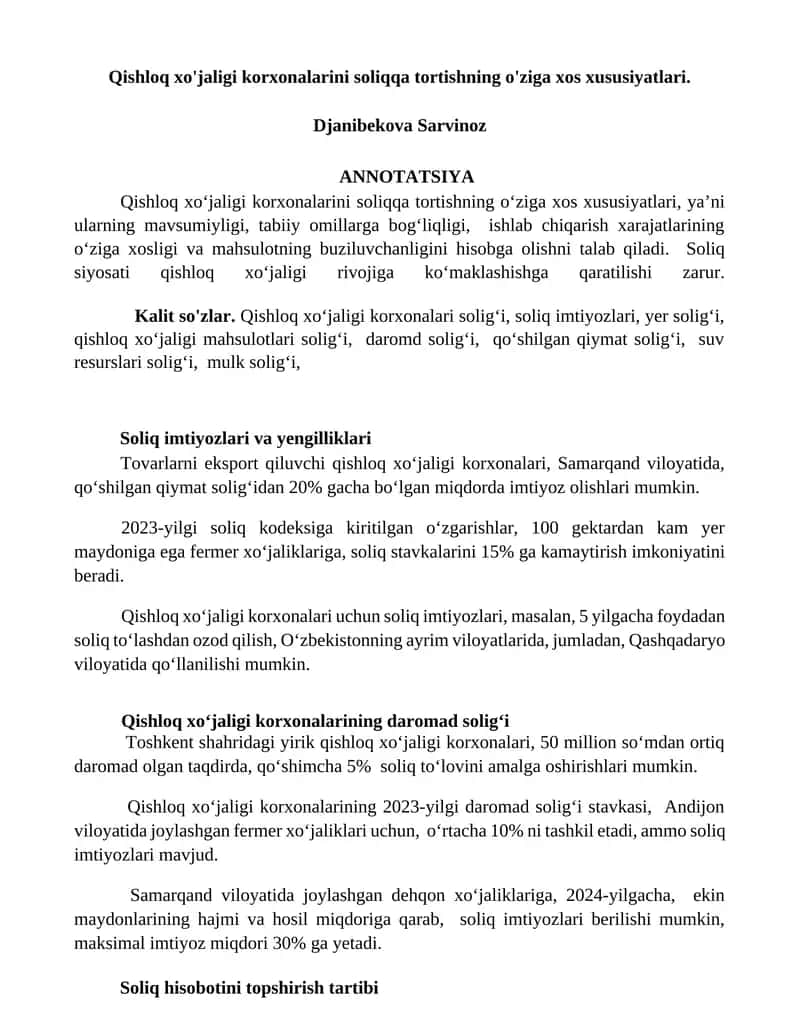 Qishloq xo'jaligi korxonalarini soliqqa tortishning o'ziga xos xususiyatlari 1