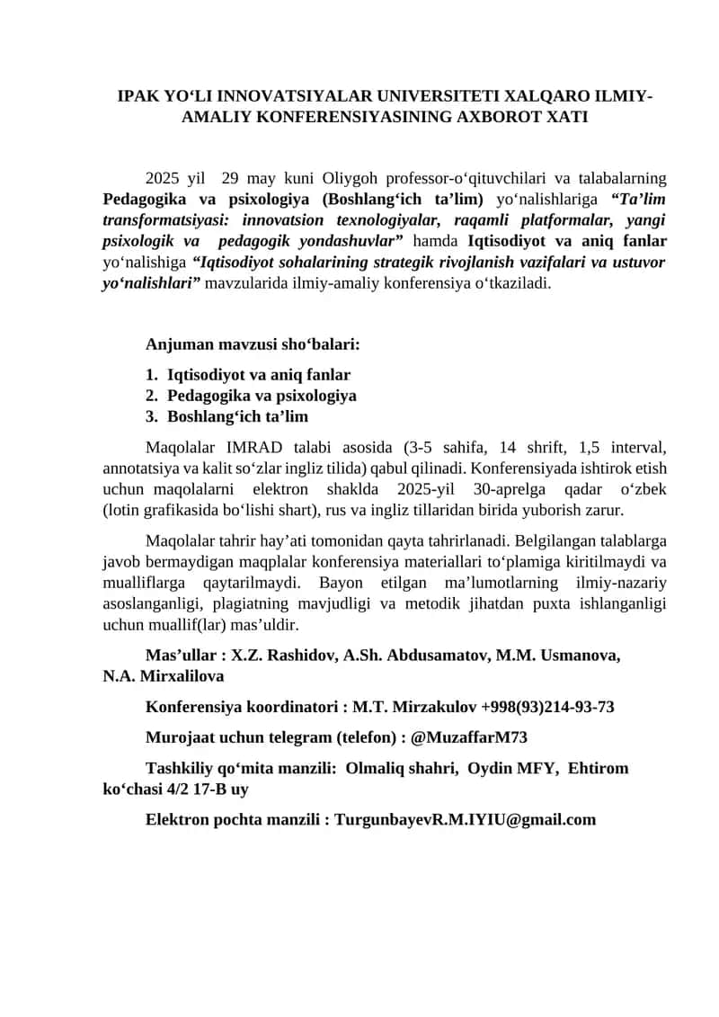 IPAK YO‘LI INNOVATSIYALAR UNIVERSITETI XALQARO ILMIY-AMALIY KONFERENSIYASI 1