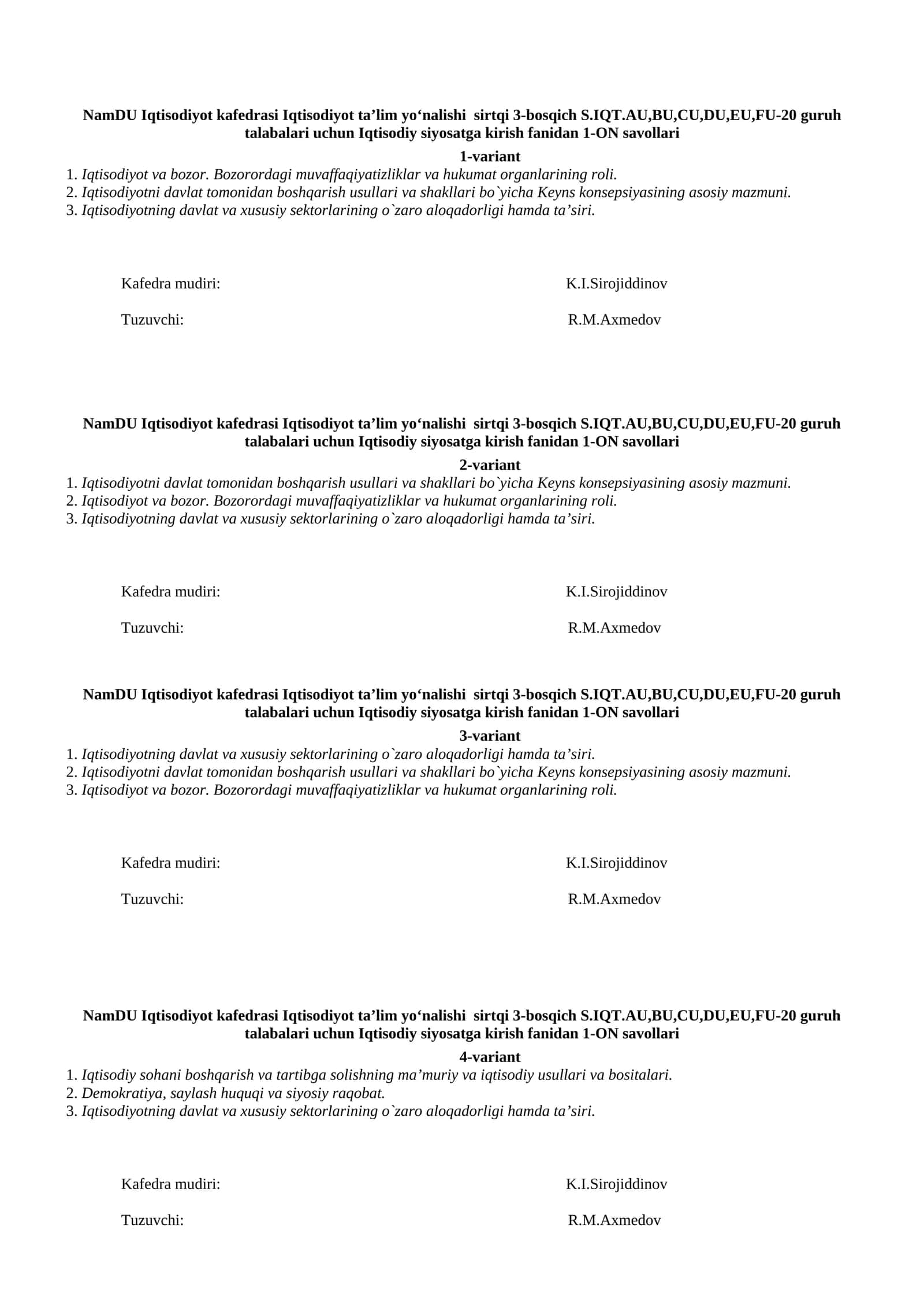 Iqtisodiy siyosatga kirish fanidan 1-ON savollari 1