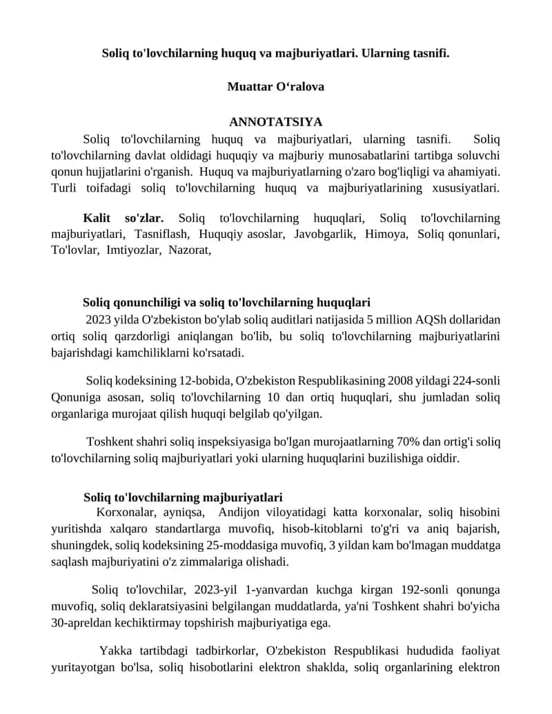 Soliq to'lovchilarning huquq va majburiyatlari 1
