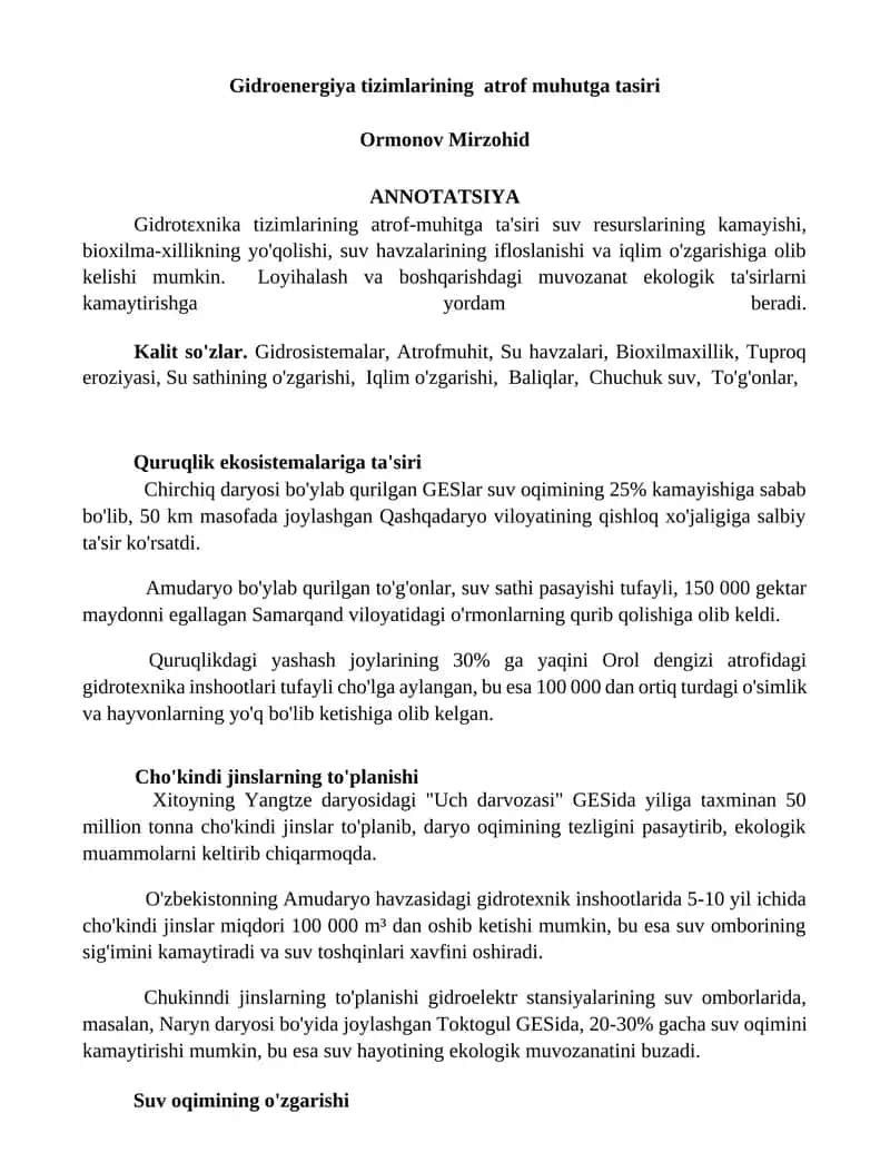 Gidroenergiya tizimlarining atrof muhutga tasiri 1