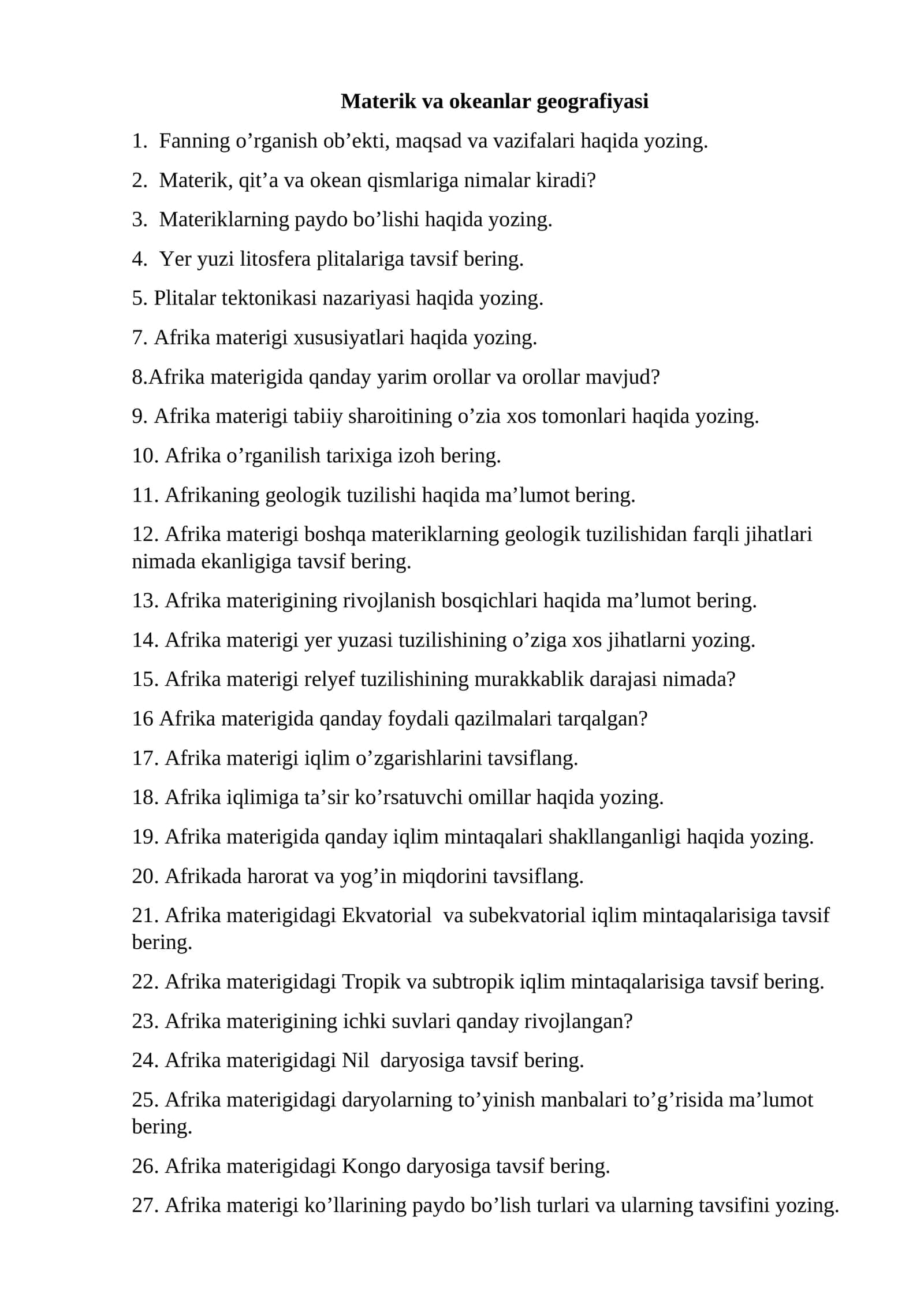 Materik va okeanlar geografiyasi ON savollari 1