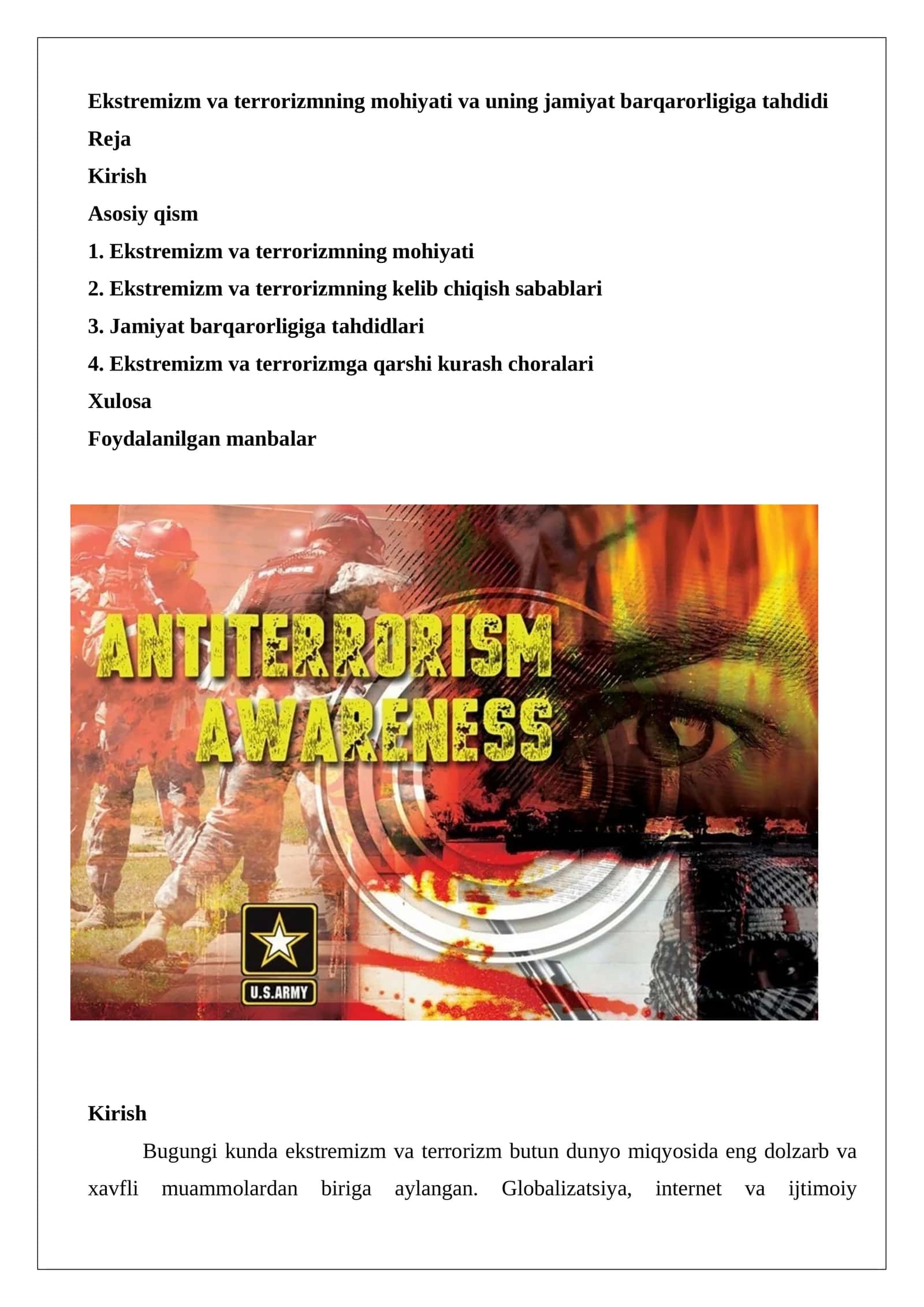 Ekstremizm va terrorizmning mohiyati va uning jamiyat barqarorligiga tahdidi 1