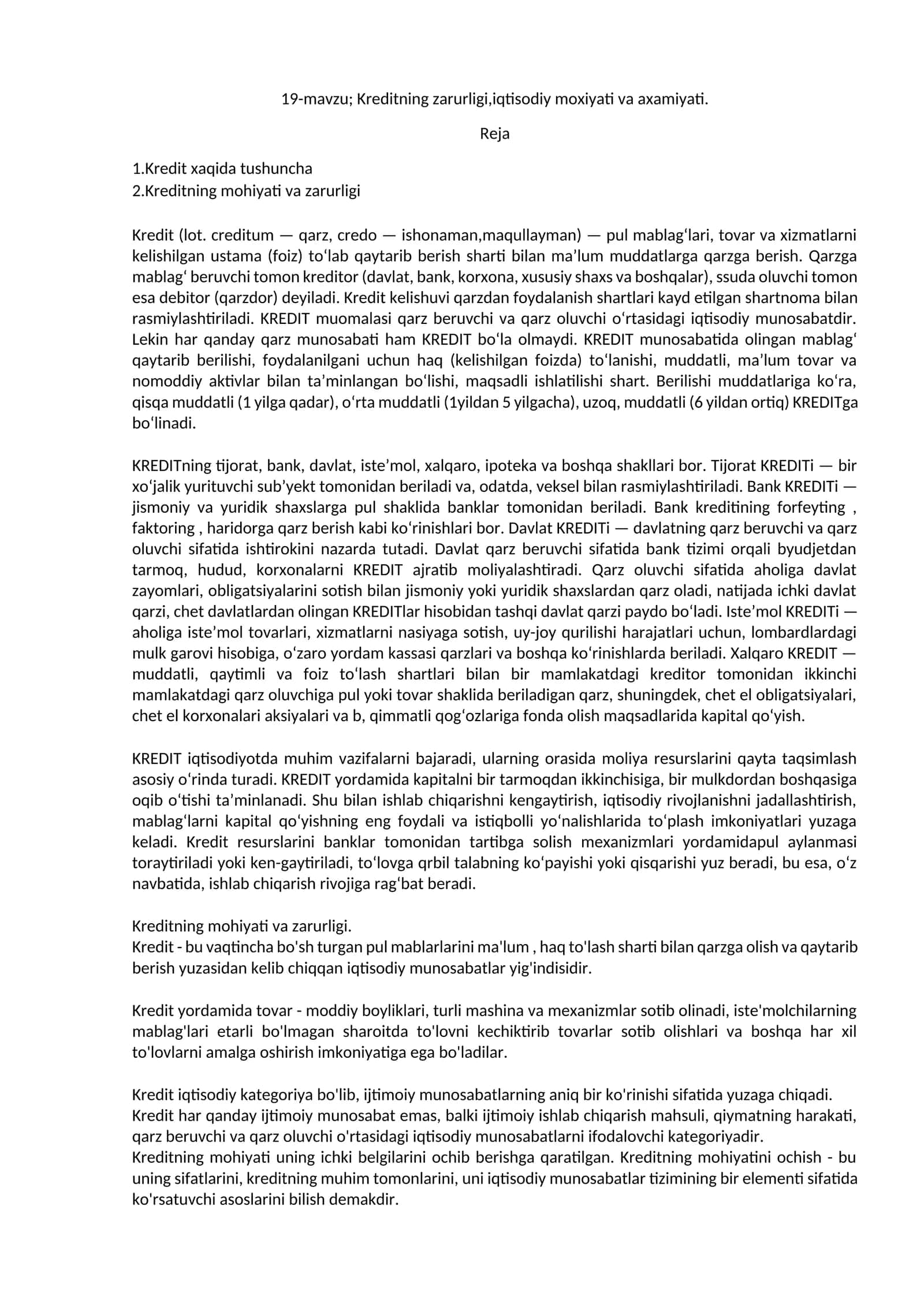 19-mavzu; Kreditning zаrurligi,iqtisodiy moxiyati vа axamiyati 1