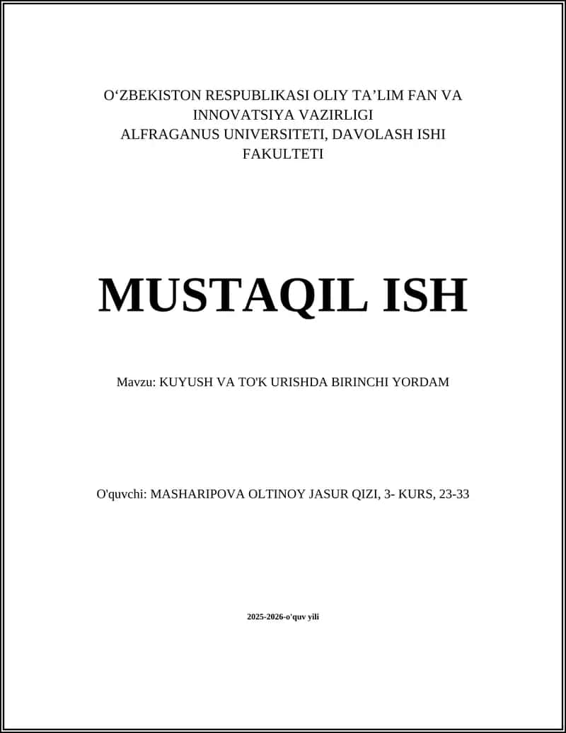 KUYUSH VA TO'K URISHDA BIRINCHI YORDAM 1