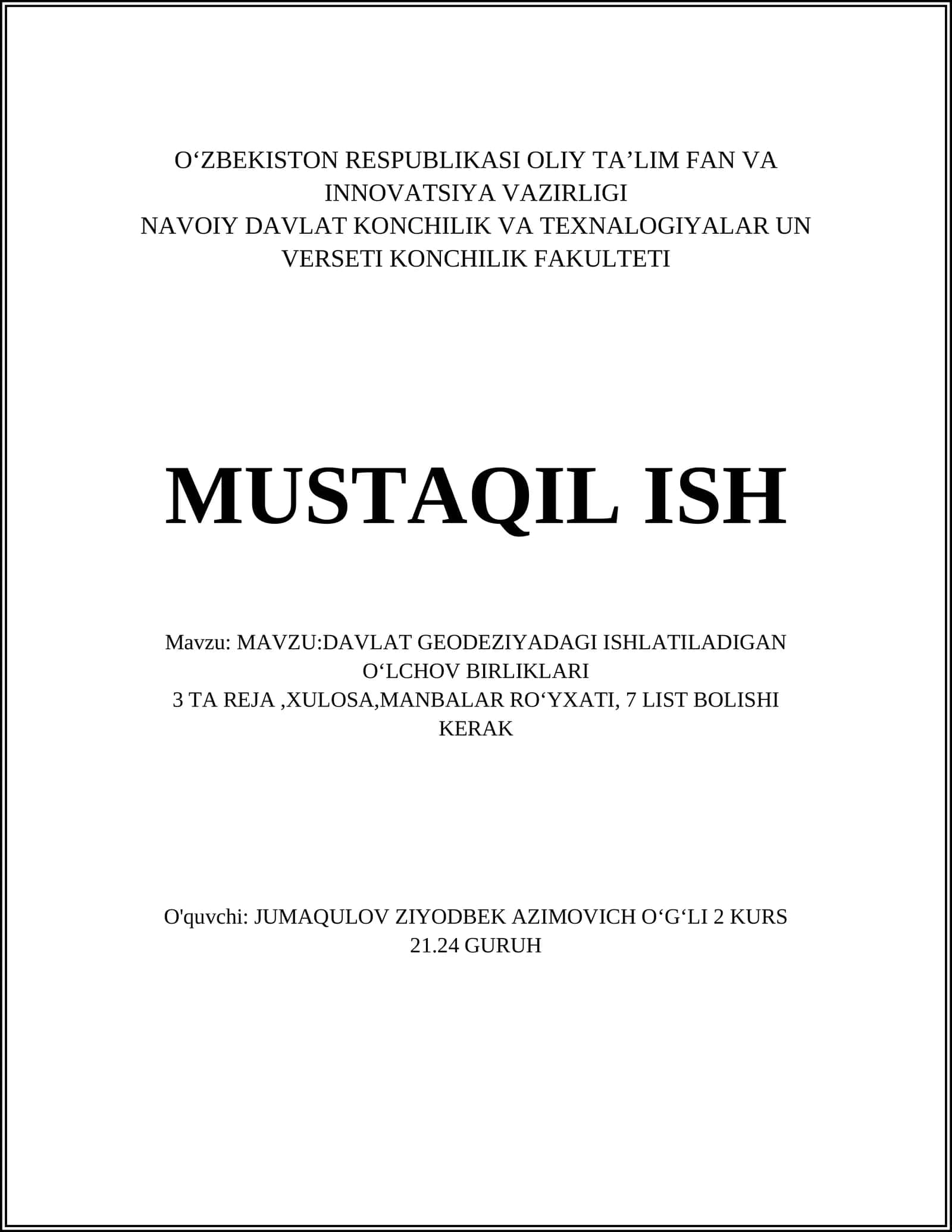DAVLAT GEODEZIYADAGI ISHLATILADIGAN OʻLCHOV BIRLIKLARI 1