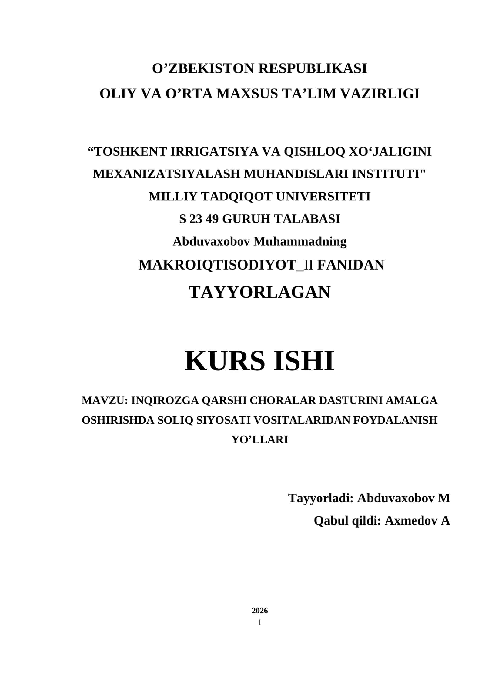 INQIROZGA QARSHI CHORALAR DASTURINI AMALGA OSHIRISHDA SOLIQ SIYOSATI VOSITALARIDAN FOYDALANISH YO’LLARI 1