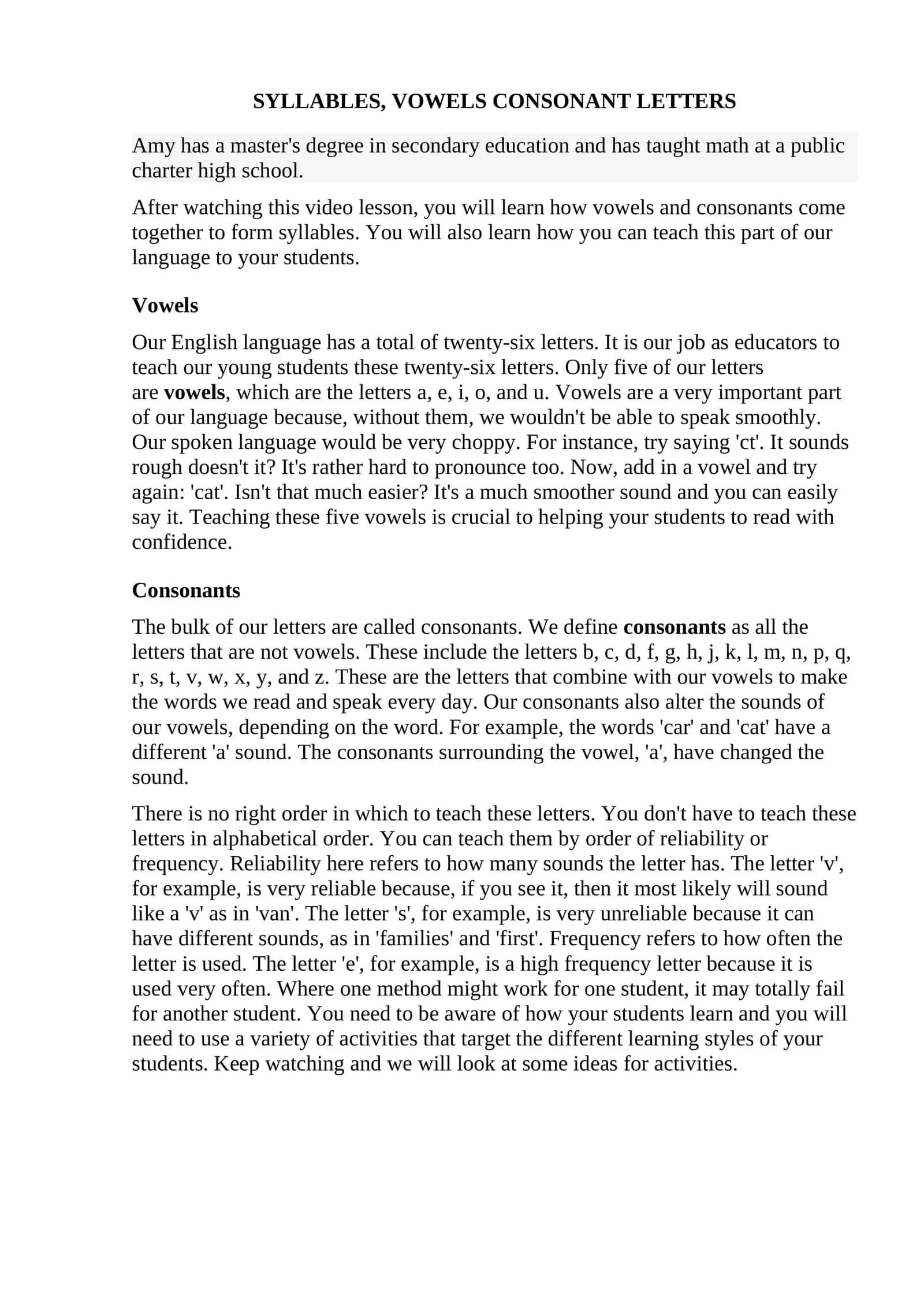 Vowels and Consonants Lesson 1