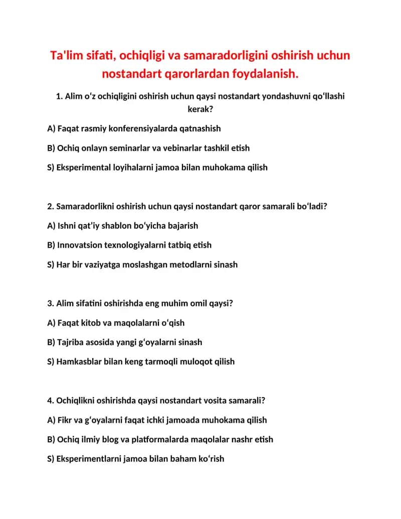 Ta'lim sifati, ochiqligi va samaradorligini oshirish uchun nostandart qarorlardan foydalanish 1