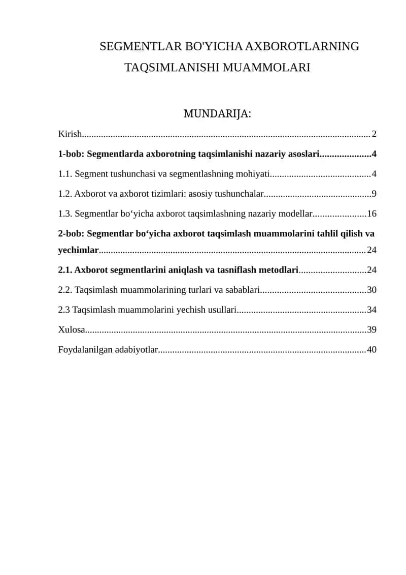 SEGMENTLAR BO'YICHA AXBOROTLARNING TAQSIMLANISHI MUAMMOLARI 1