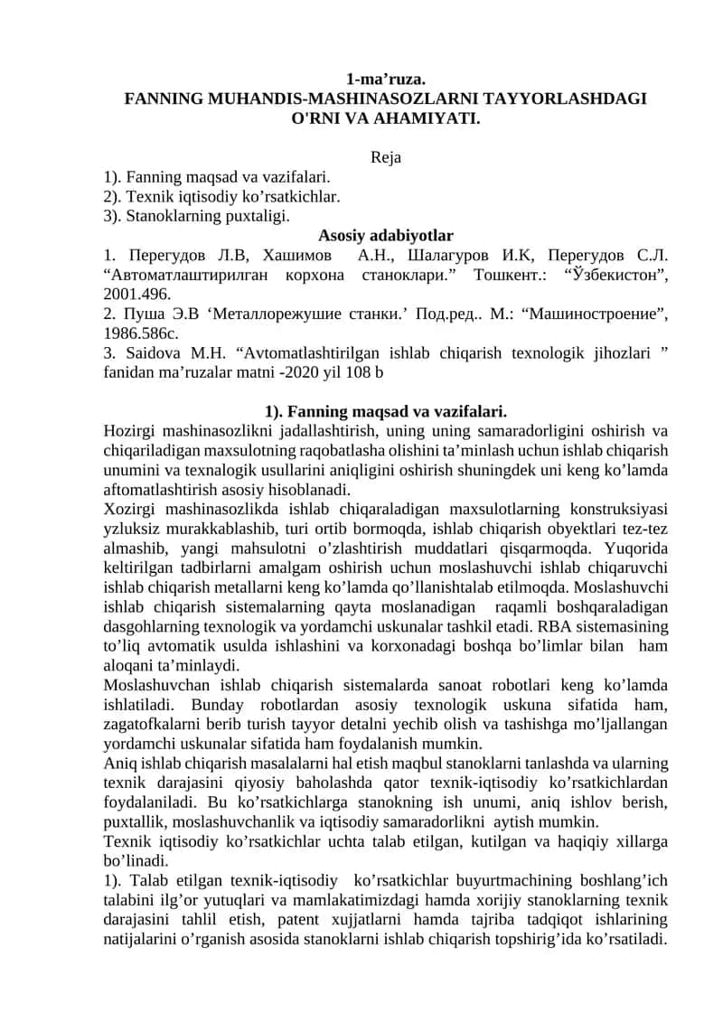 FANNING MUHANDIS-MASHINASOZLARNI TAYYORLASHDAGI O'RNI VA AHAMIYATI 1