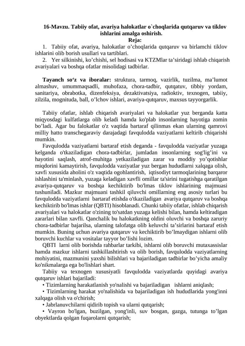 Tabiiy ofat, avariya halokatlar o`choqlarida qutqaruv va tiklov ishlarini amalga oshirish 1