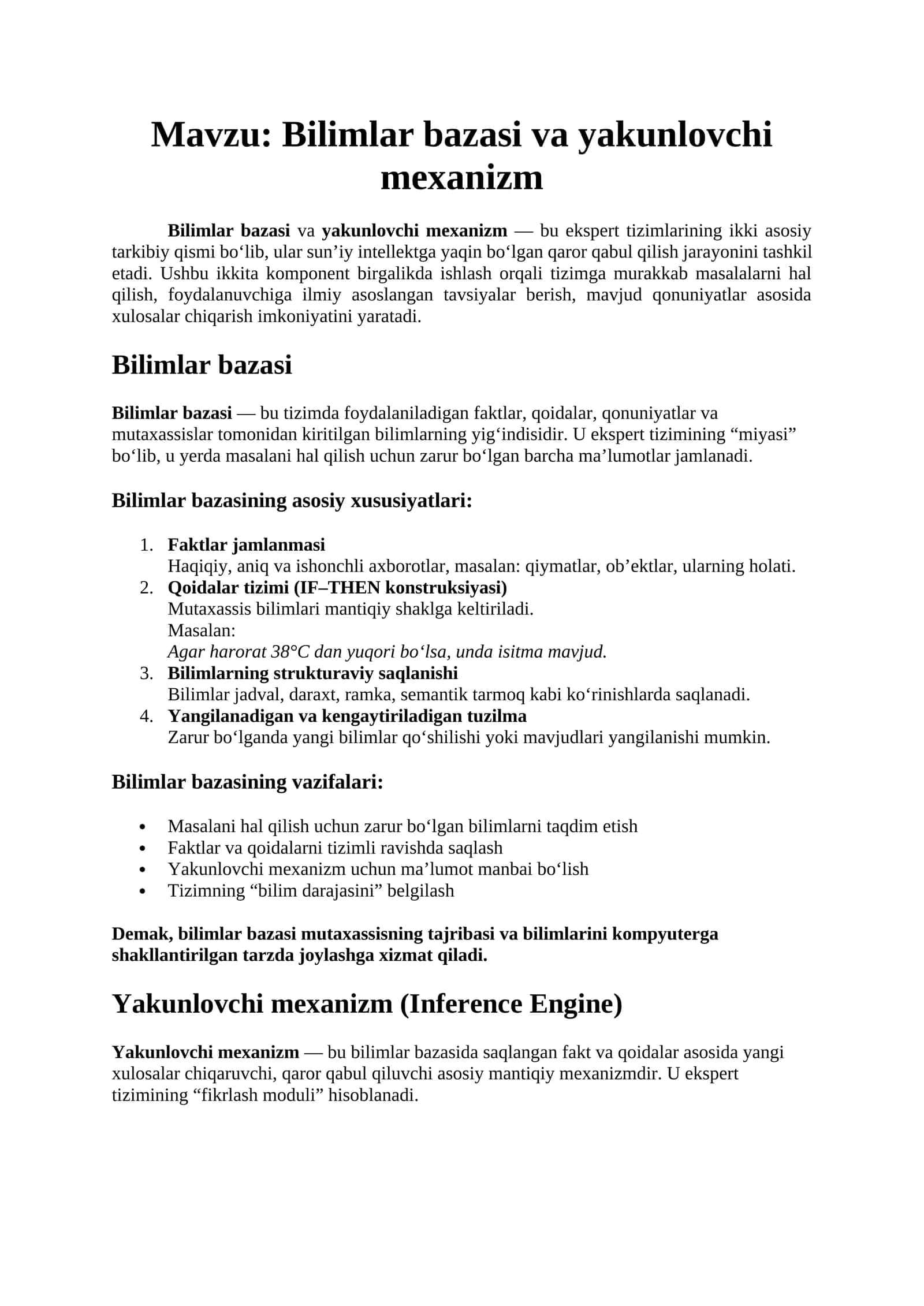 Bilimlar bazasi va yakunlovchi mexanizm 1